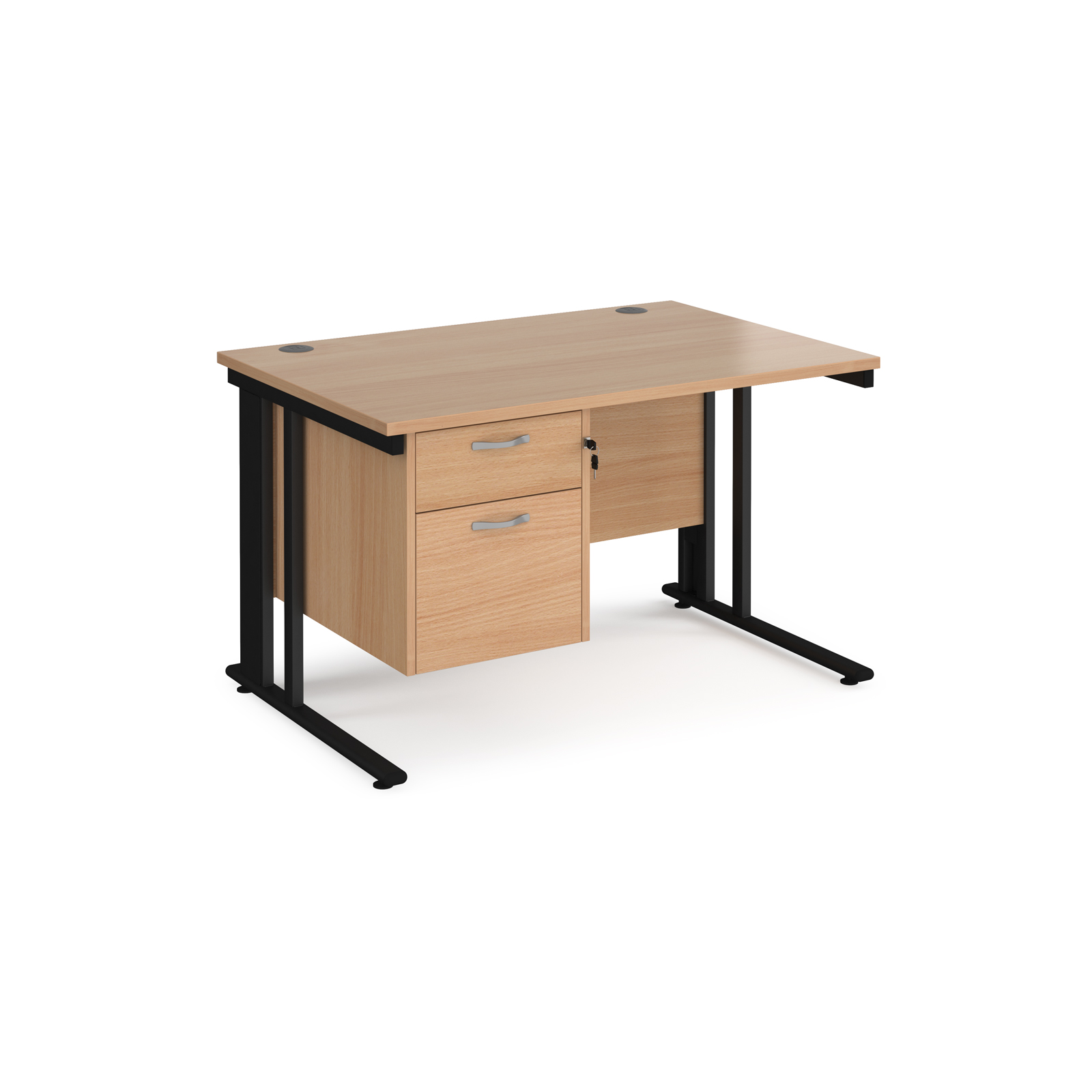 Maestro 25 straight desk 1200mm x 800mm with 2 drawer pedestal - black cable managed leg frame, beech top