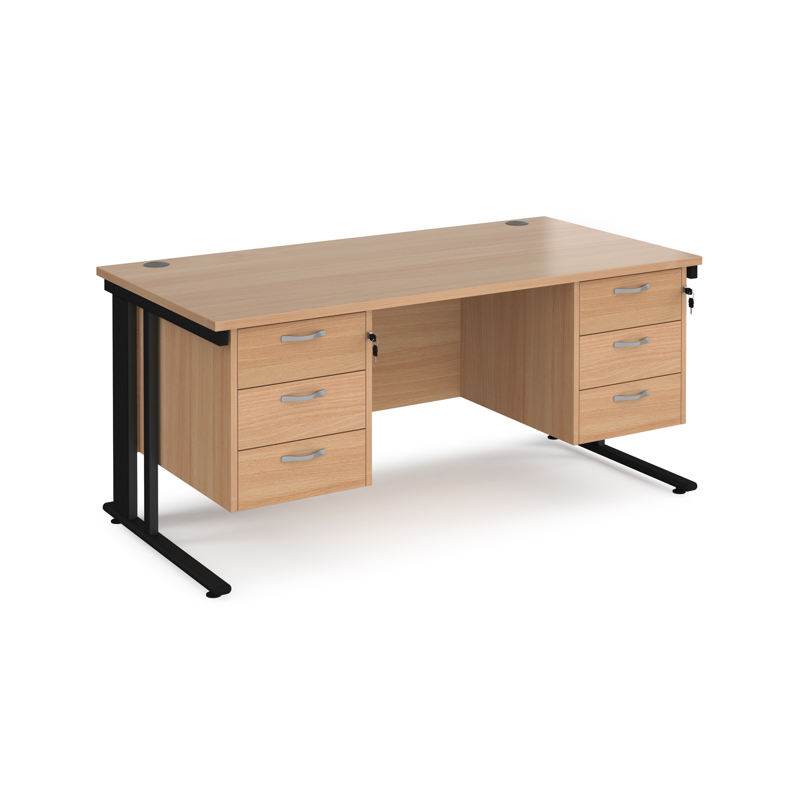 Maestro 25 straight desk 1600mm x 800mm with two x 3 drawer pedestals - black cable managed leg frame, beech top