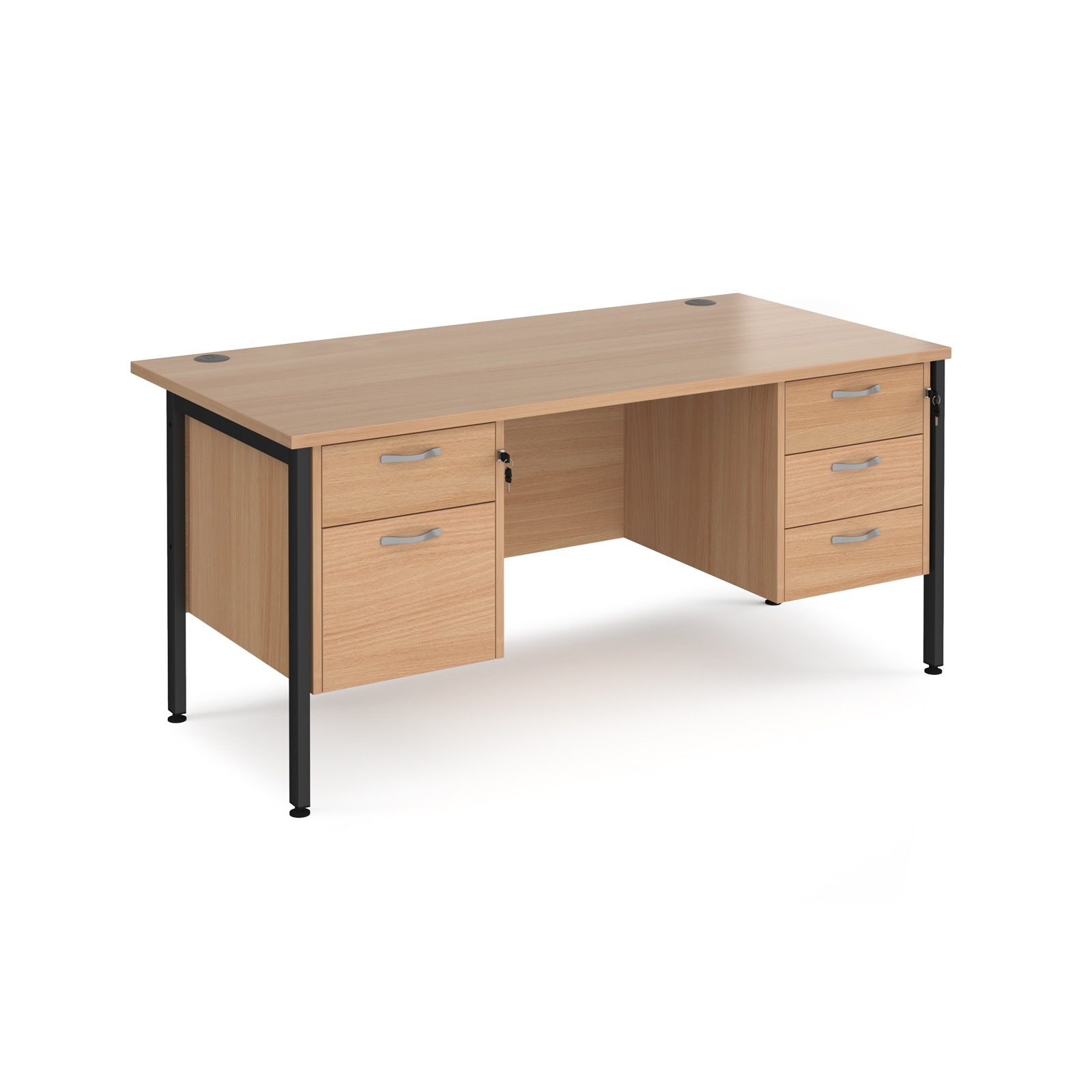 Maestro 25 straight desk 1600mm x 800mm with 2 and 3 drawer pedestals - black H-frame leg, beech top