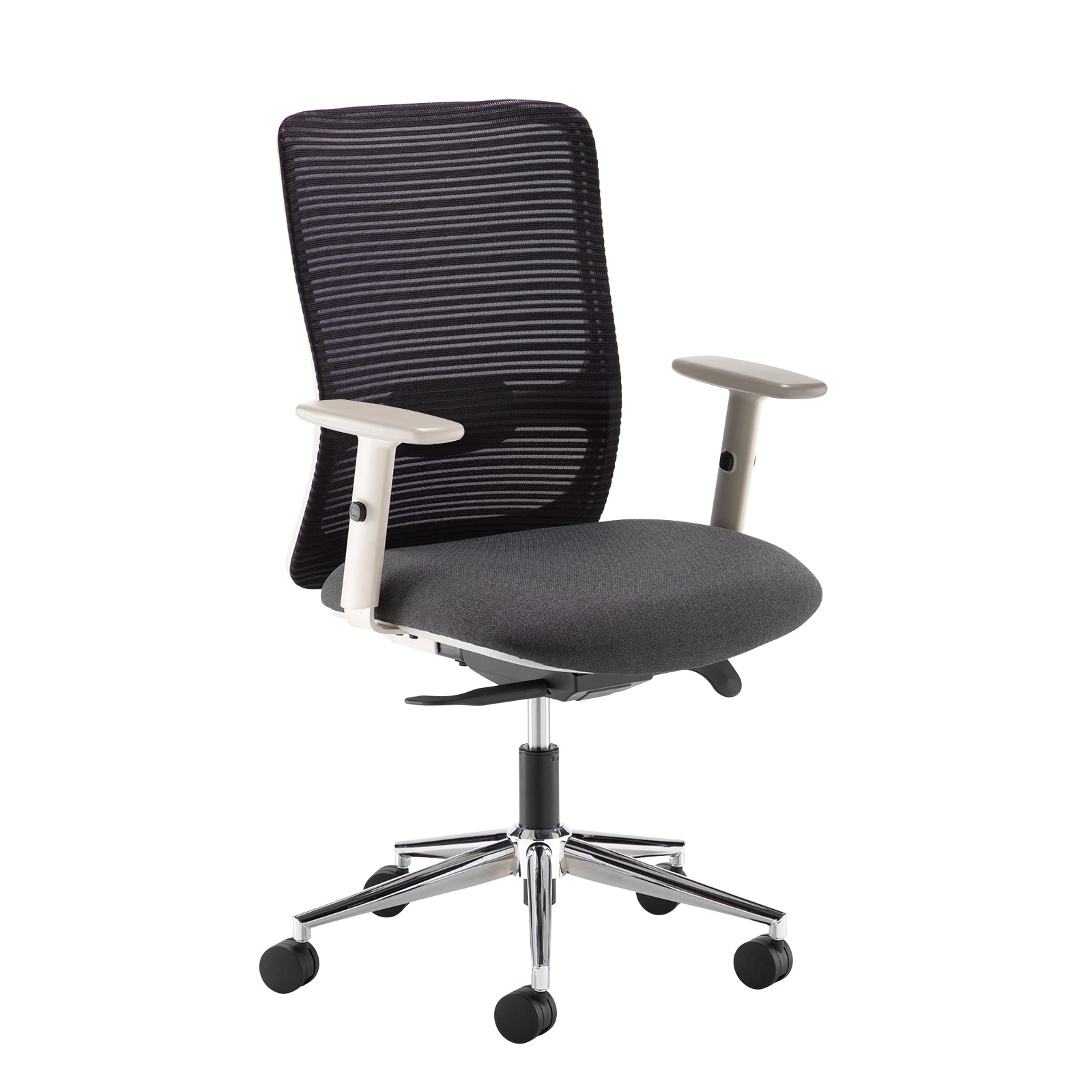 Arcade black mesh back operator chair with grey fabric seat, light grey frame and chrome base