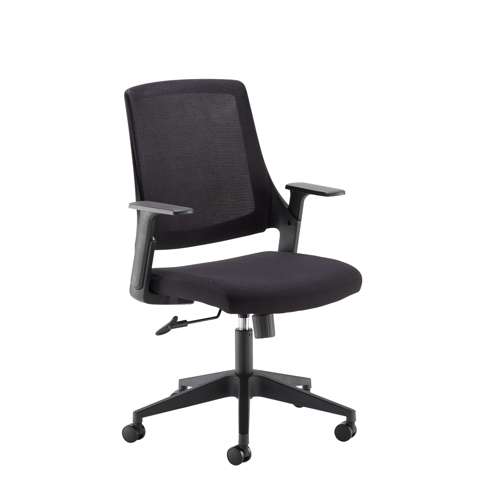 Duffy black mesh back operator chair with black fabric seat and black base