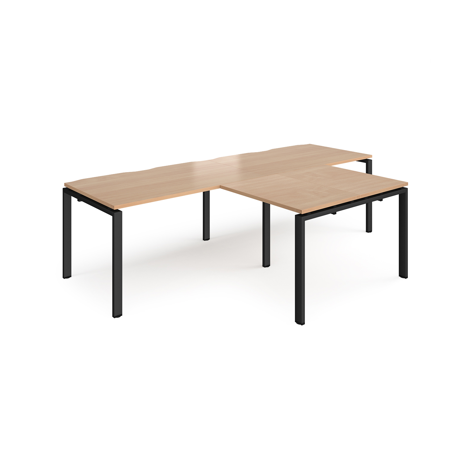 Adapt double straight desks 2800mm x 800mm with 800mm return desks - black frame, beech top