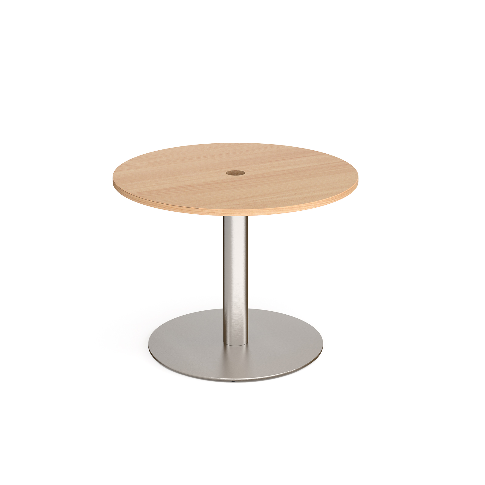 Eternal circular meeting table 1000mm with central circular cutout 80mm - brushed steel base, beech top