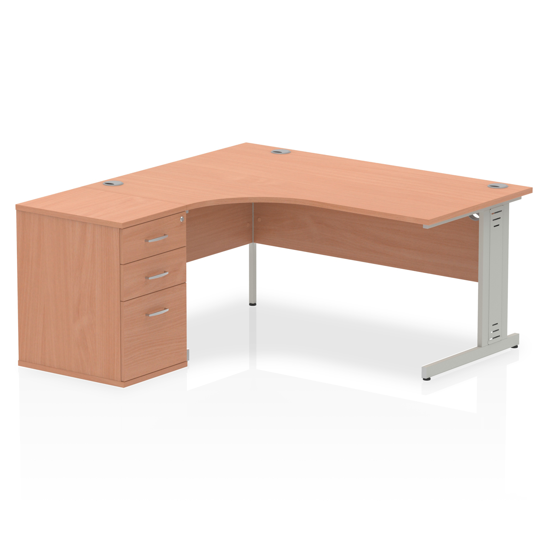 Impulse 1600mm Left Crescent Desk Beech Top Silver Cable Managed Leg Workstation 600 Deep Desk High Pedestal Bundle