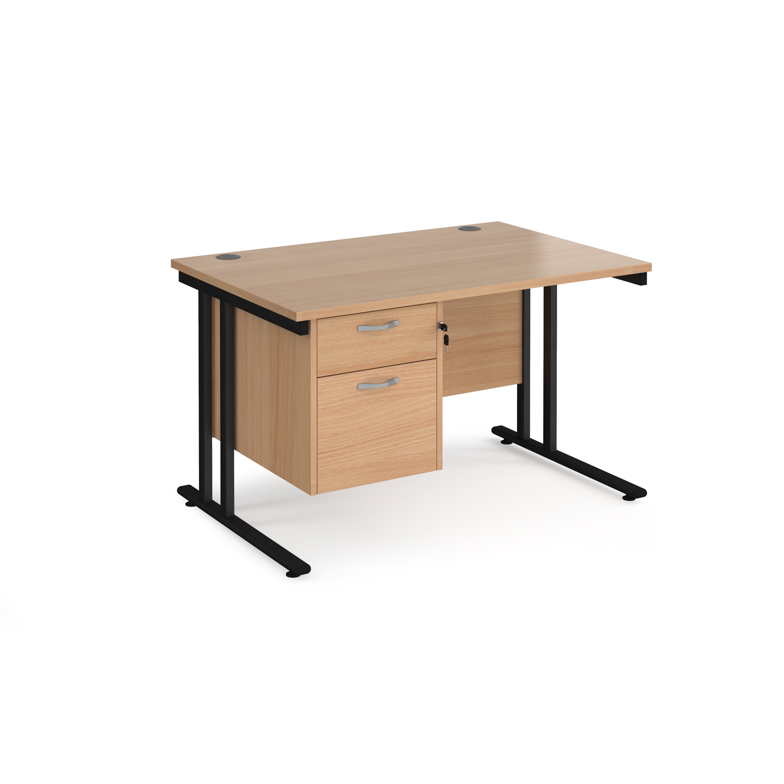 Maestro 25 straight desk 1200mm x 800mm with 2 drawer pedestal - black cantilever leg frame, beech top