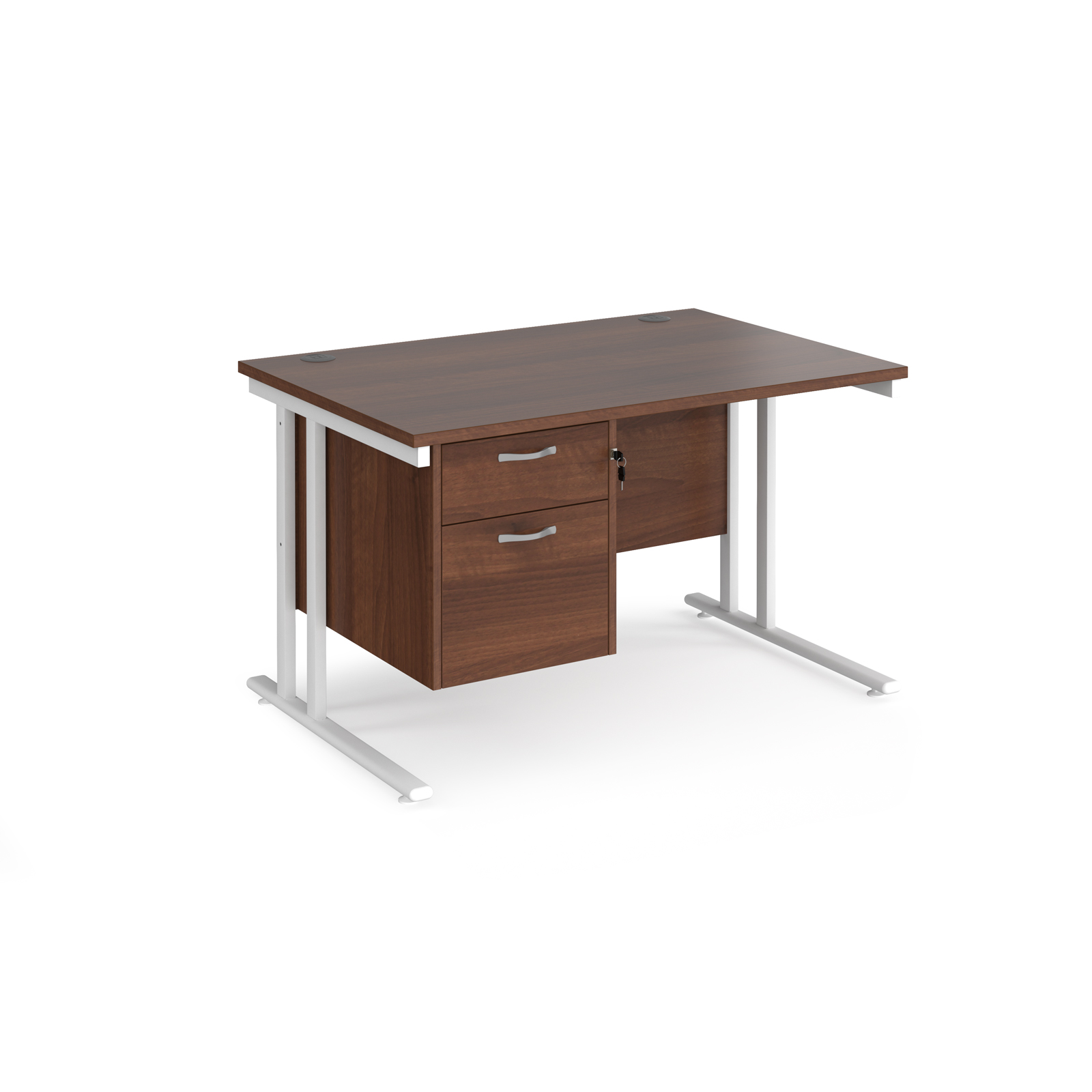 Maestro 25 straight desk 1200mm x 800mm with 2 drawer pedestal - white cantilever leg frame, walnut top