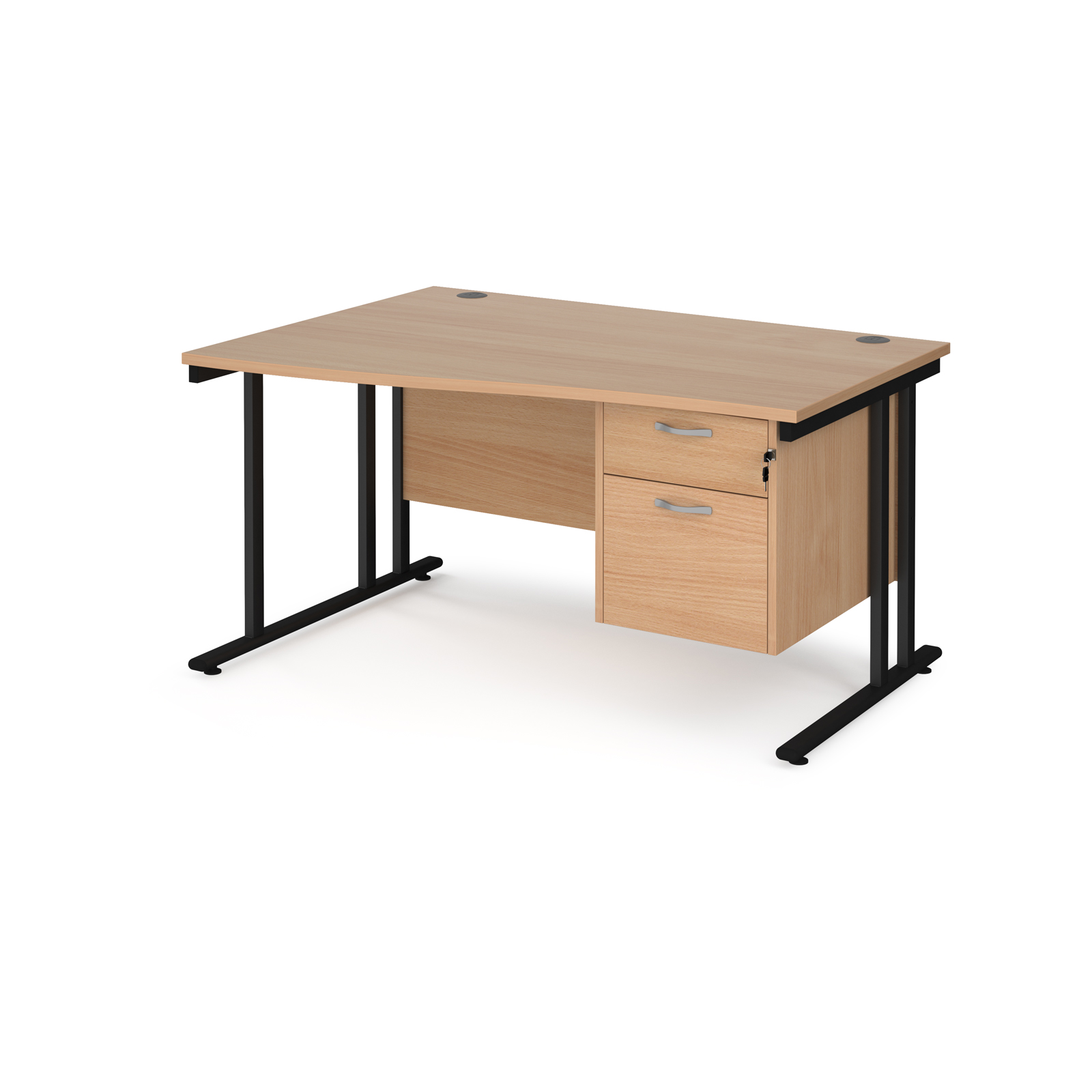 Maestro 25 left hand wave desk 1400mm wide with 2 drawer pedestal - black cantilever leg frame, beech top