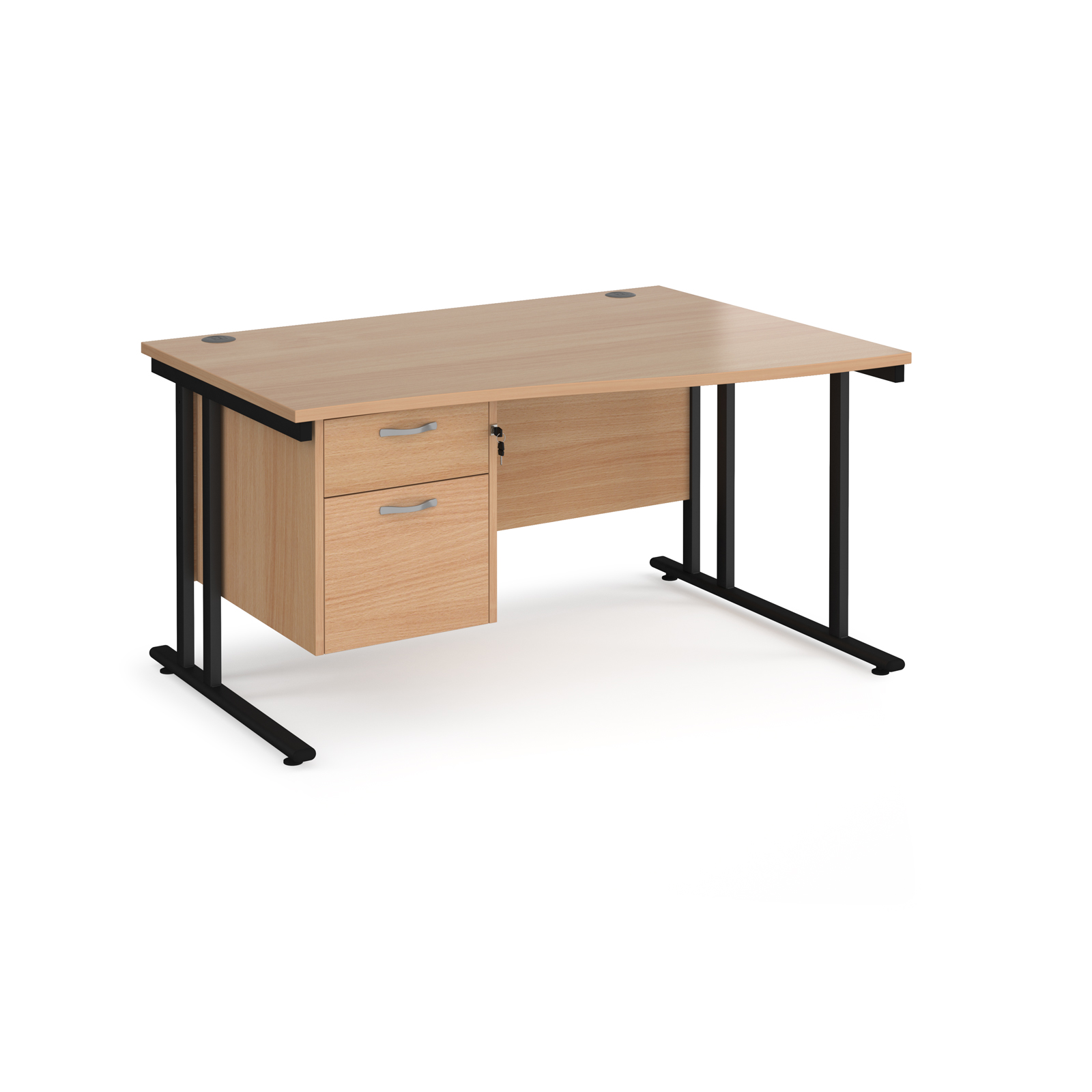 Maestro 25 right hand wave desk 1400mm wide with 2 drawer pedestal - black cantilever leg frame, beech top