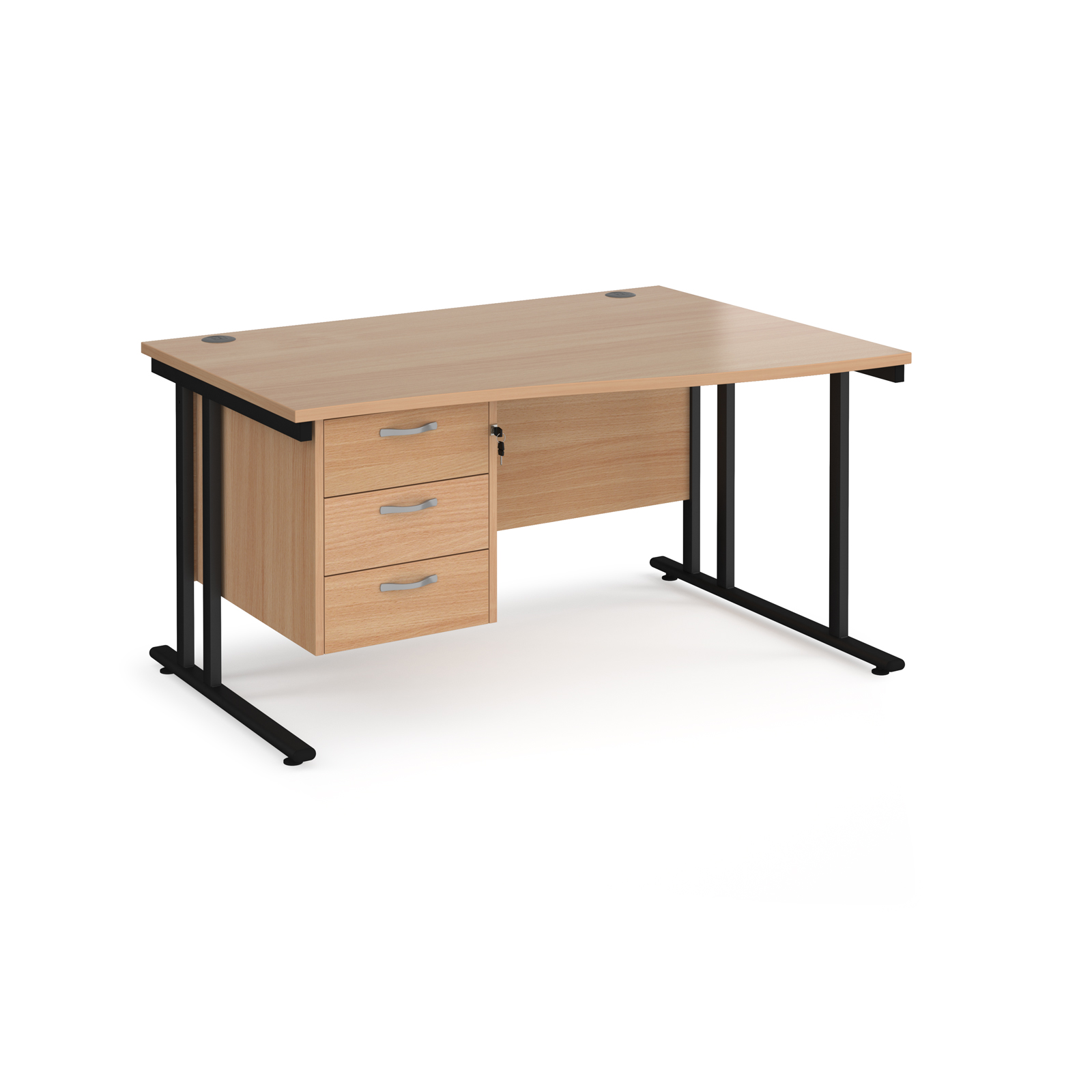 Maestro 25 right hand wave desk 1400mm wide with 3 drawer pedestal - black cantilever leg frame, beech top