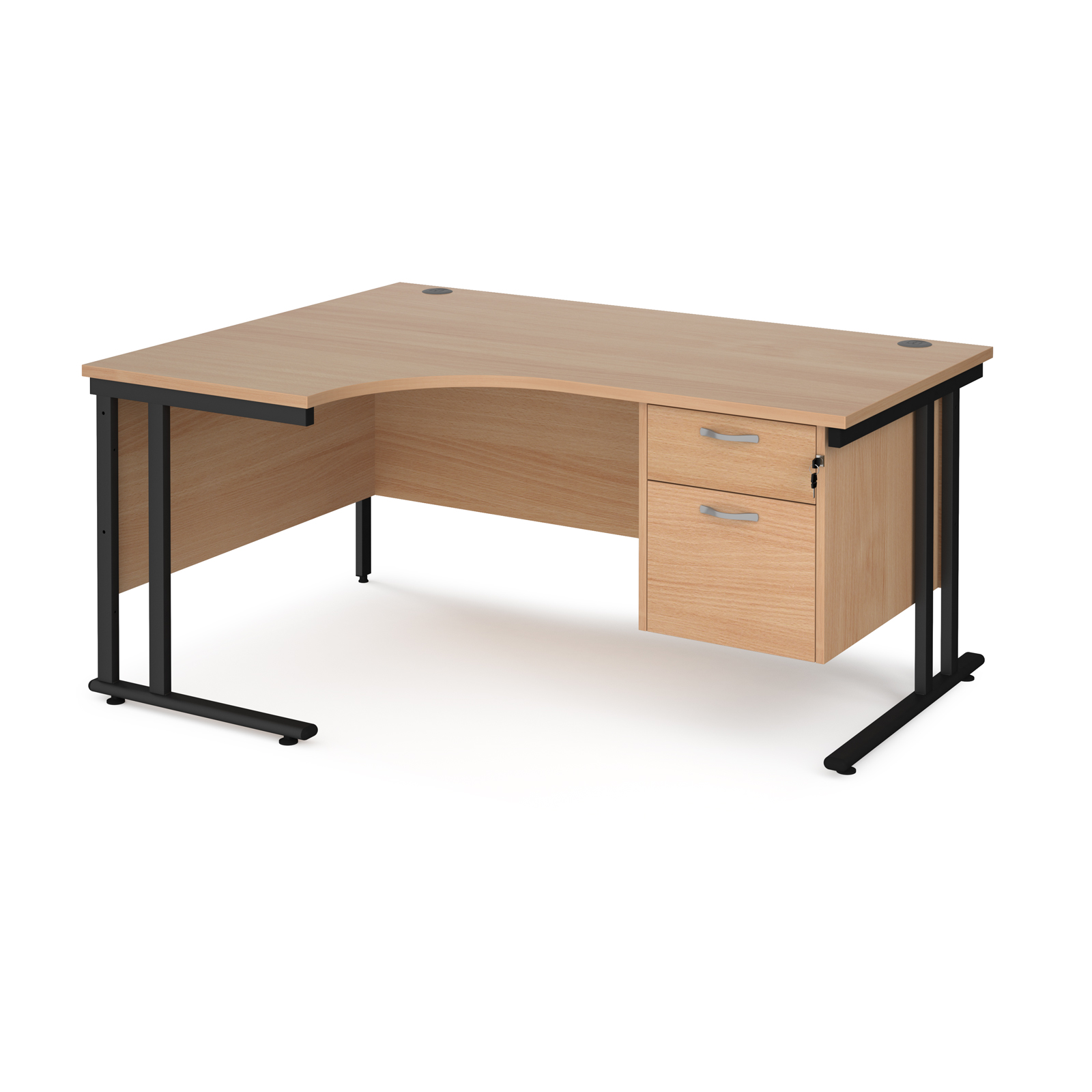 Maestro 25 left hand ergonomic desk 1600mm wide with 2 drawer pedestal - black cantilever leg frame, beech top