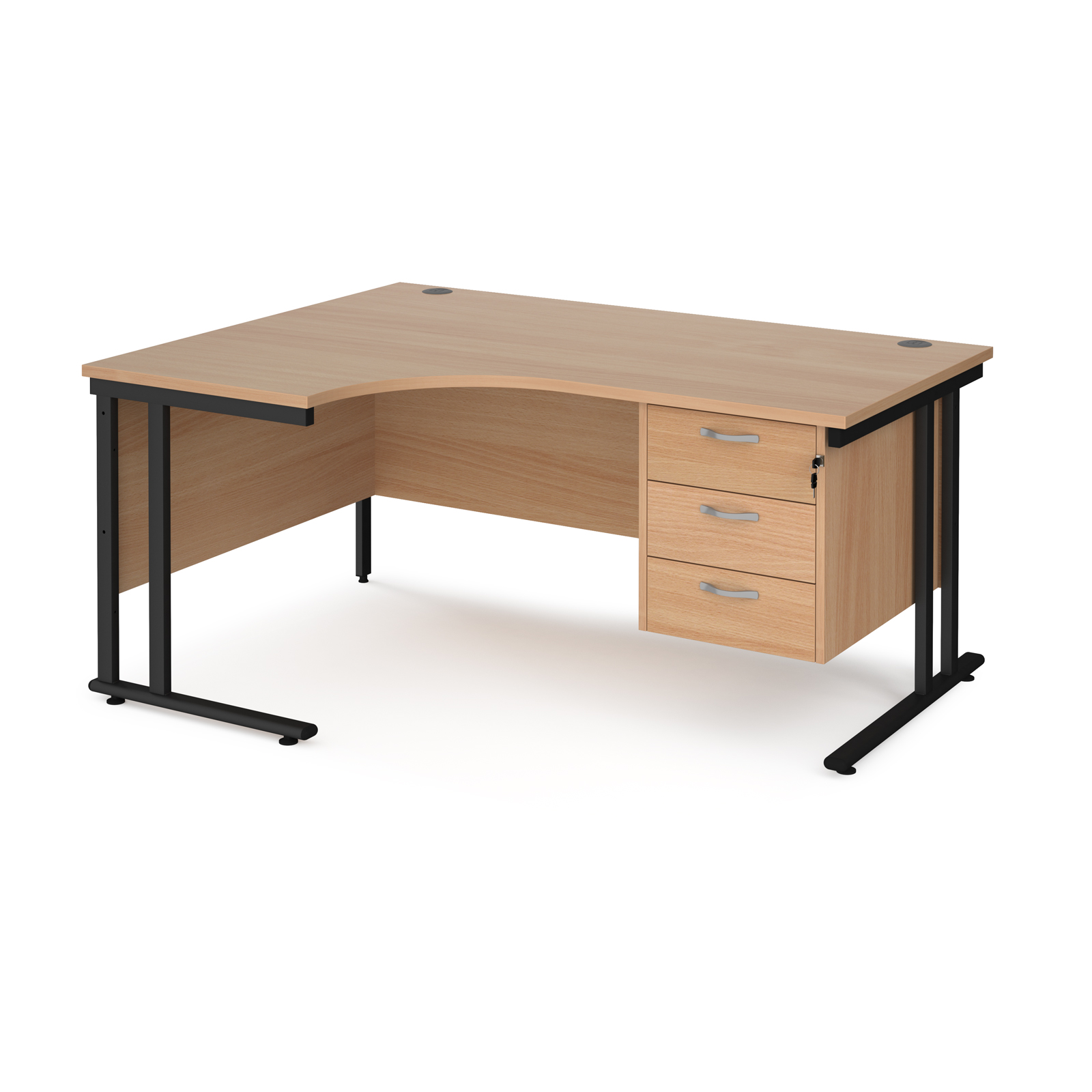 Maestro 25 left hand ergonomic desk 1600mm wide with 3 drawer pedestal - black cantilever leg frame, beech top