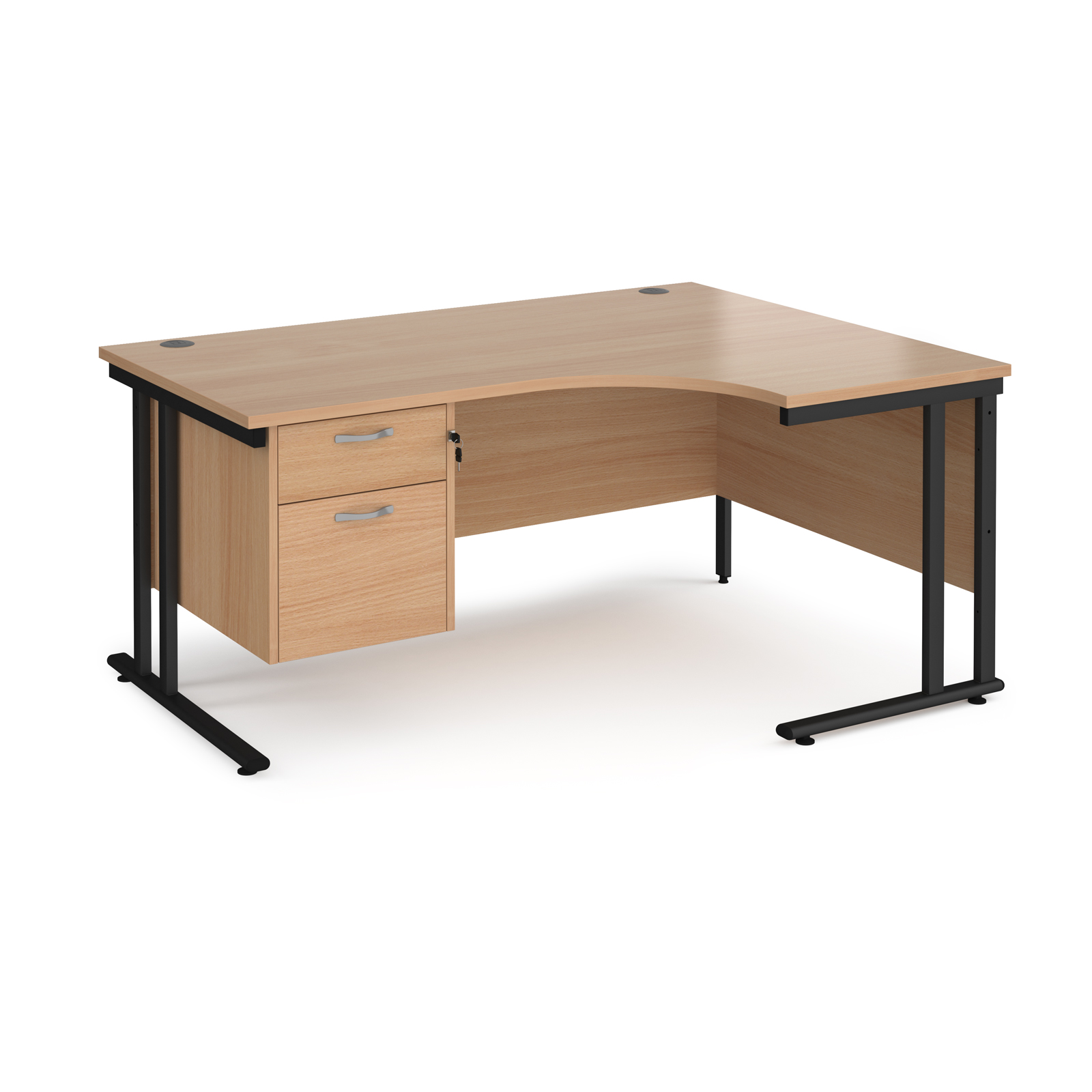 Maestro 25 right hand ergonomic desk 1600mm wide with 2 drawer pedestal - black cantilever leg frame, beech top