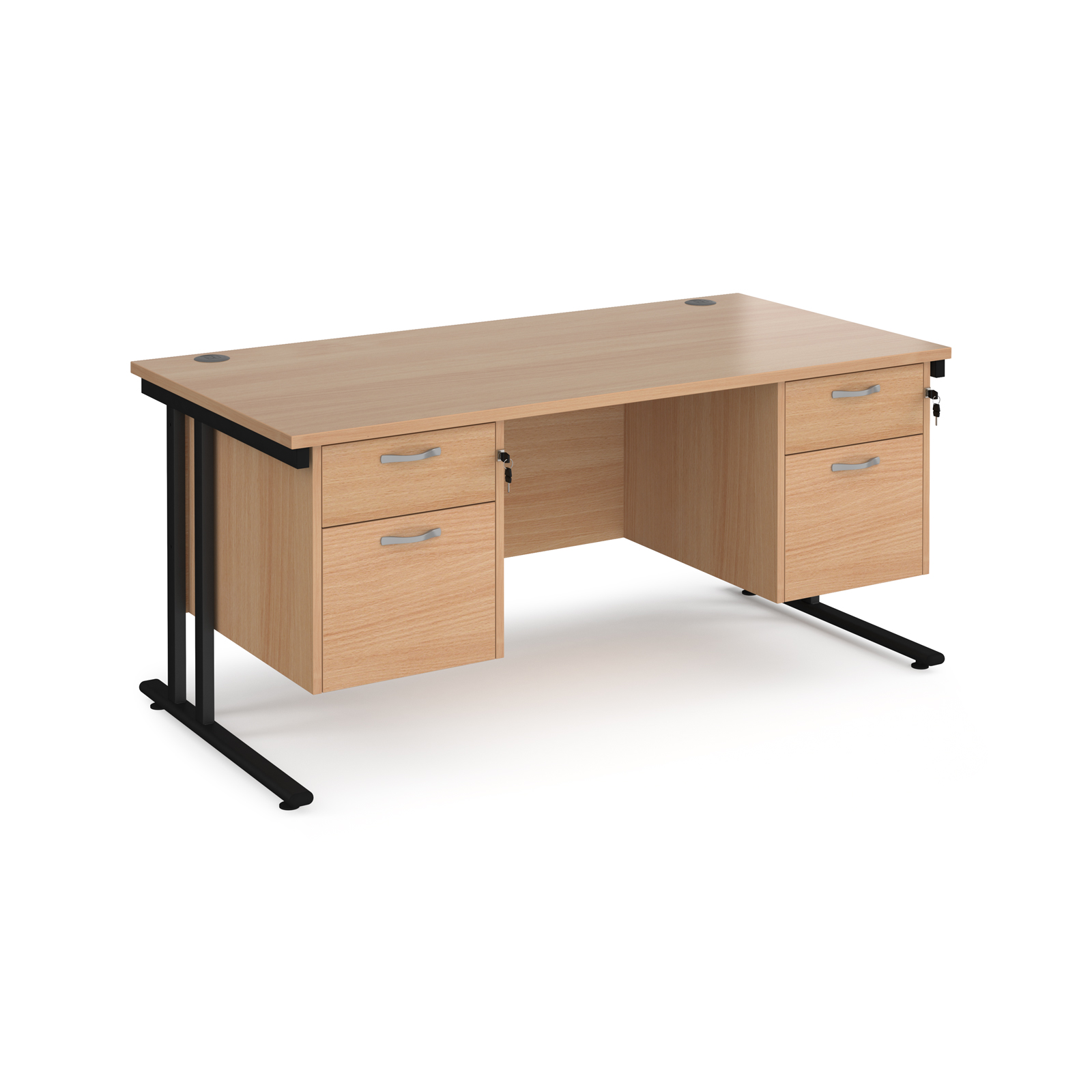 Maestro 25 straight desk 1600mm x 800mm with two x 2 drawer pedestals - black cantilever leg frame, beech top