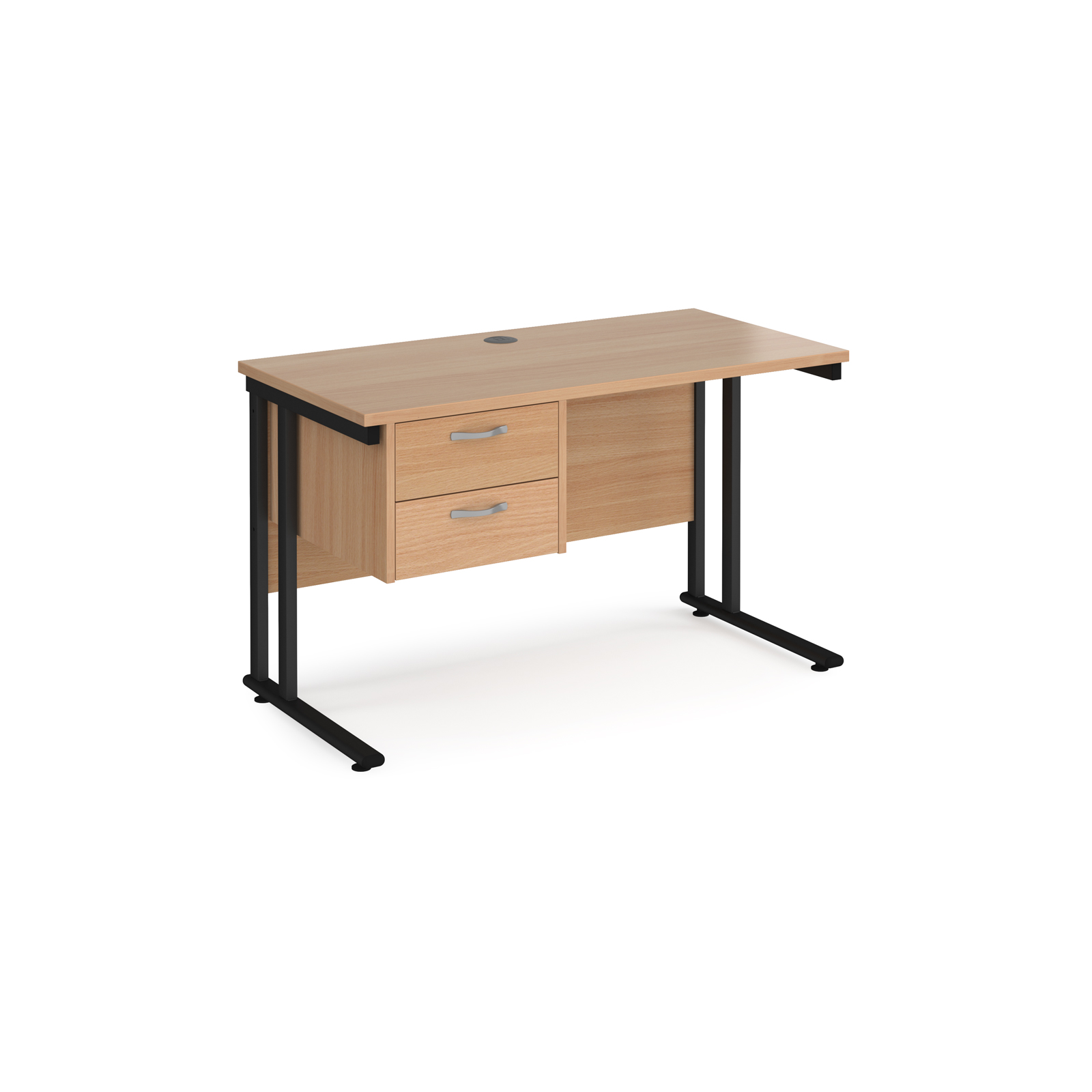 Maestro 25 straight desk 1200mm x 600mm with 2 drawer pedestal - black cantilever leg frame, beech top