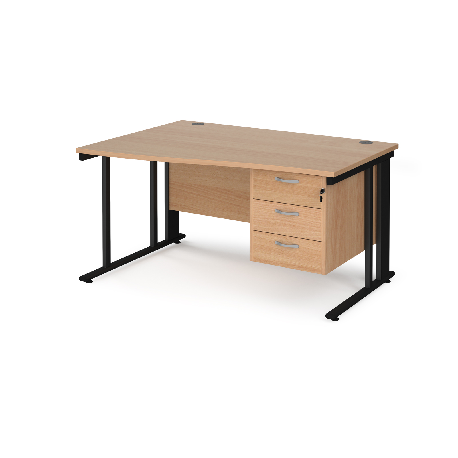 Maestro 25 left hand wave desk 1400mm wide with 3 drawer pedestal - black cable managed leg frame, beech top