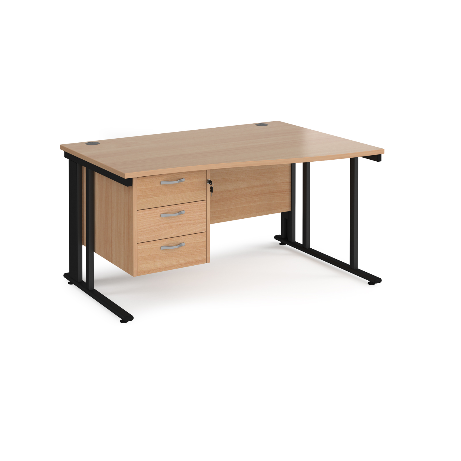 Maestro 25 right hand wave desk 1400mm wide with 3 drawer pedestal - black cable managed leg frame, beech top