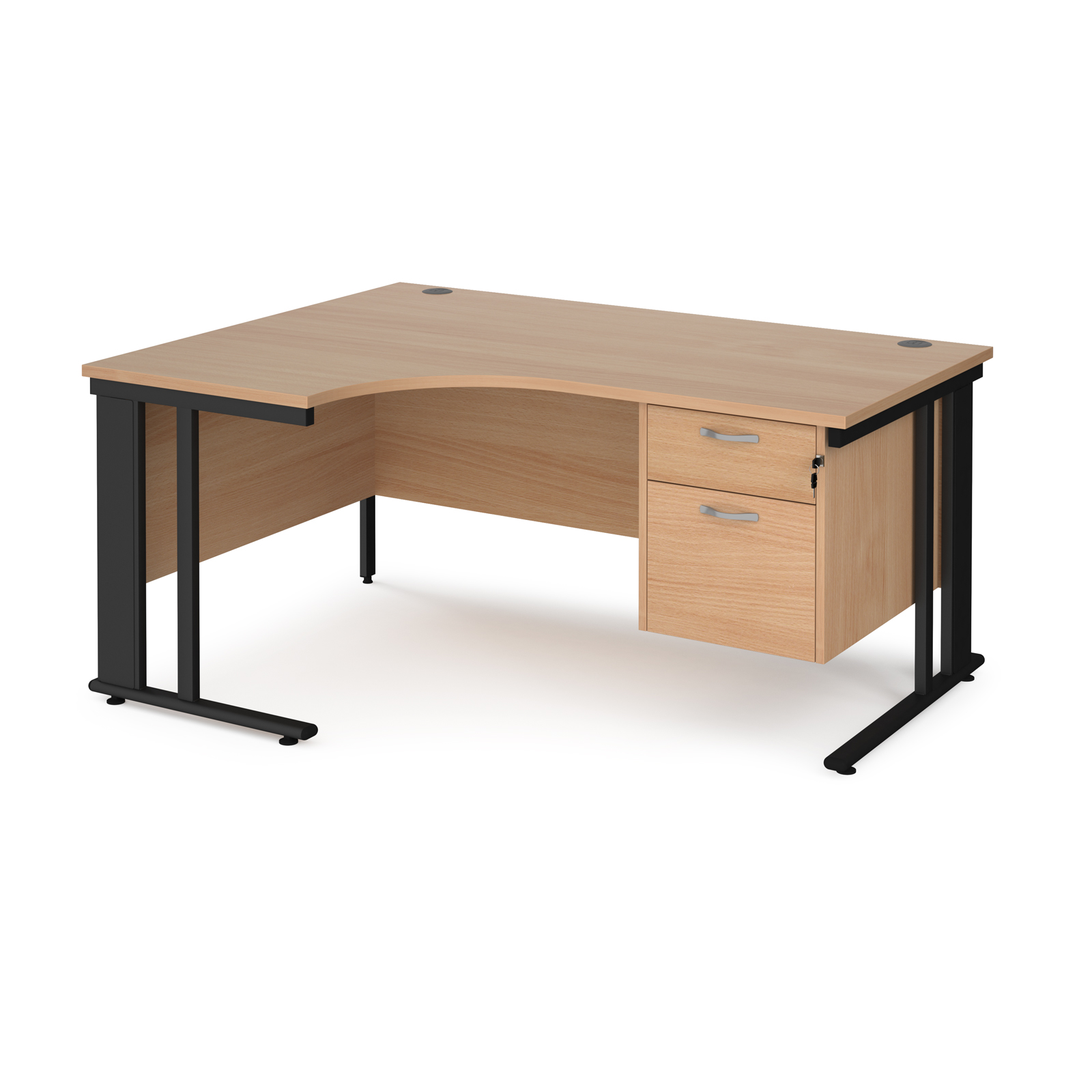 Maestro 25 left hand ergonomic desk 1600mm wide with 2 drawer pedestal - black cable managed leg frame, beech top