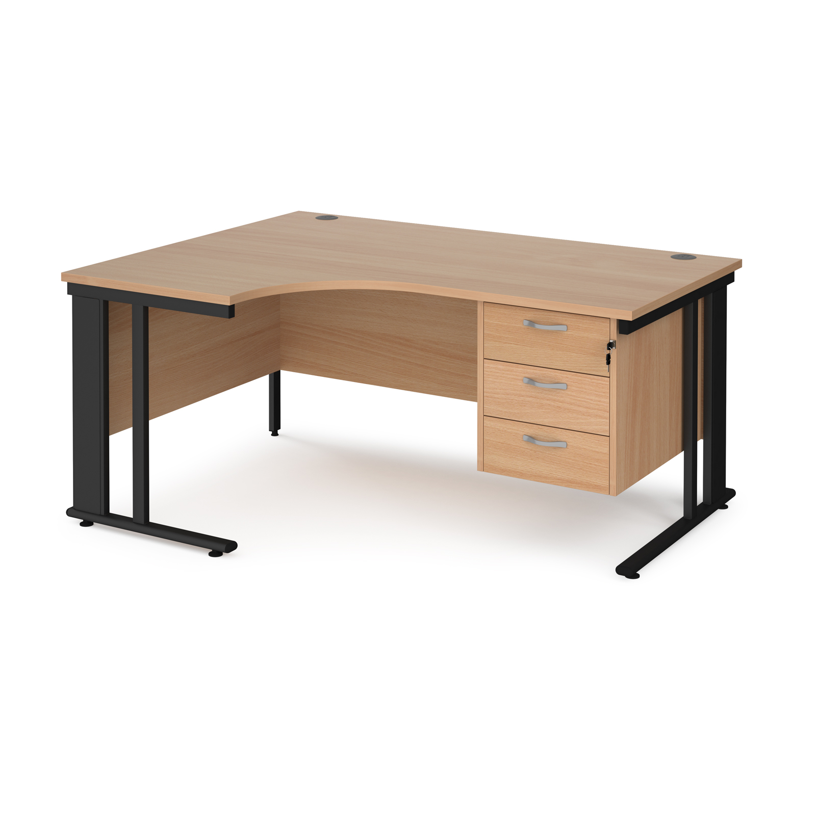 Maestro 25 left hand ergonomic desk 1600mm wide with 3 drawer pedestal - black cable managed leg frame, beech top
