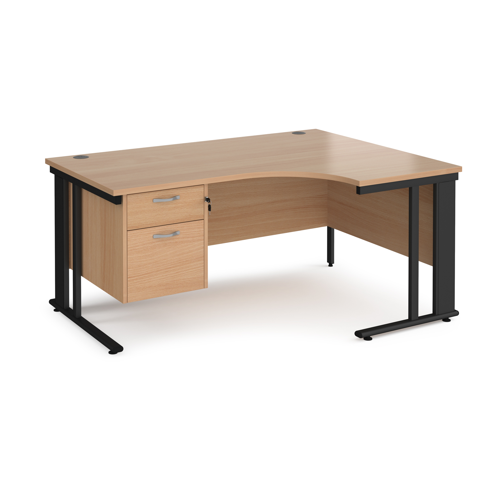Maestro 25 right hand ergonomic desk 1600mm wide with 2 drawer pedestal - black cable managed leg frame, beech top