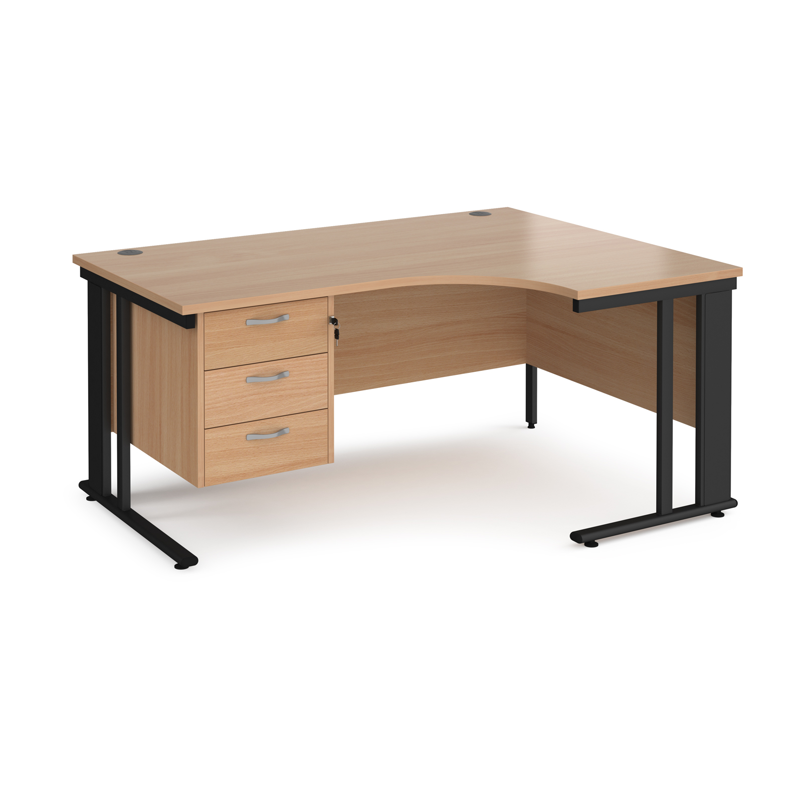 Maestro 25 right hand ergonomic desk 1600mm wide with 3 drawer pedestal - black cable managed leg frame, beech top