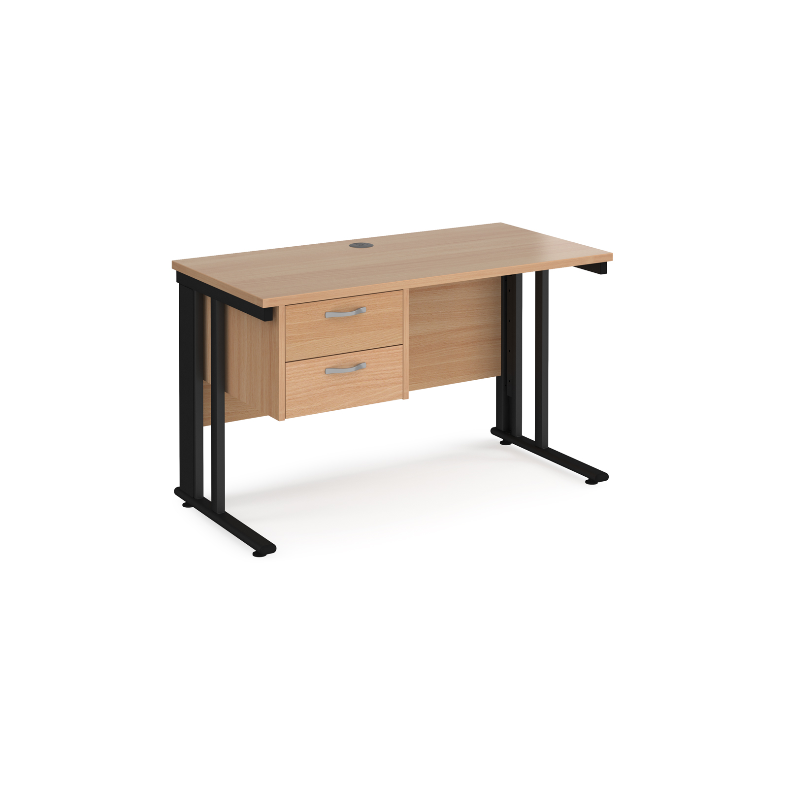 Maestro 25 straight desk 1200mm x 600mm with 2 drawer pedestal - black cable managed leg frame, beech top
