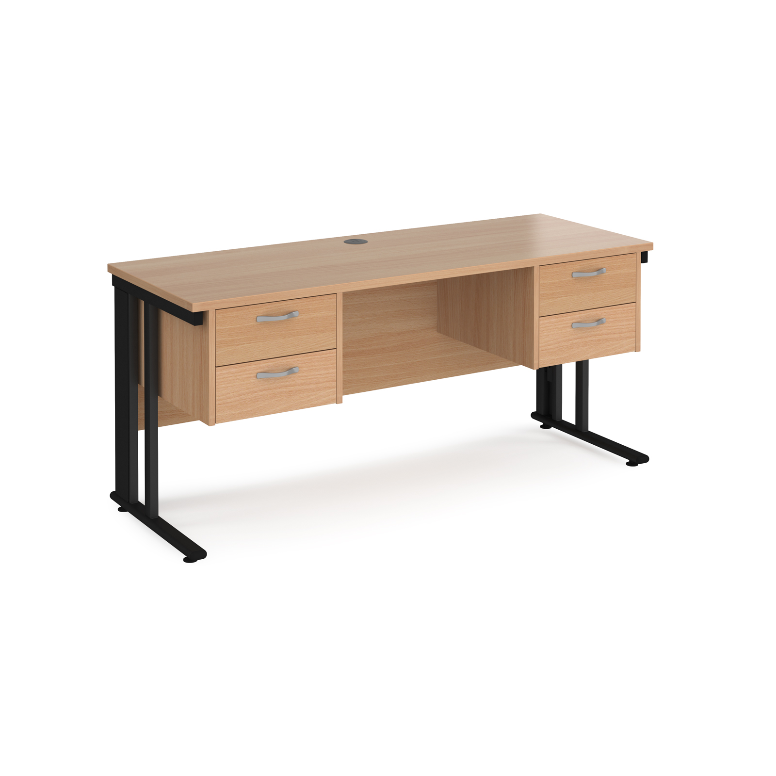Maestro 25 straight desk 1600mm x 600mm with two x 2 drawer pedestals - black cable managed leg frame, beech top