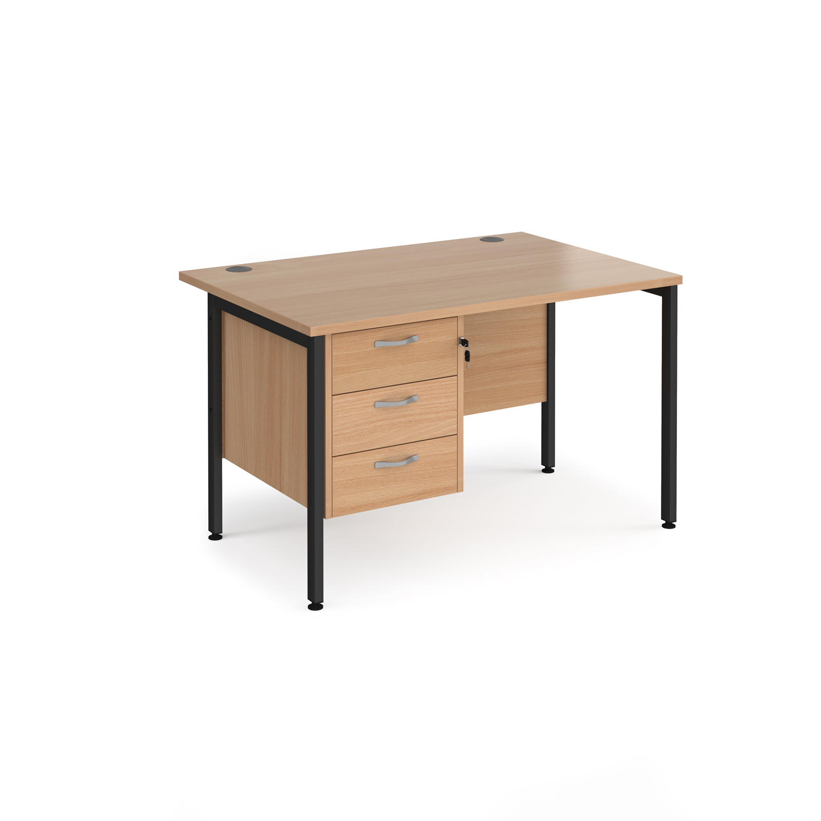 Maestro 25 straight desk 1200mm x 800mm with 3 drawer pedestal - black H-frame leg, beech top