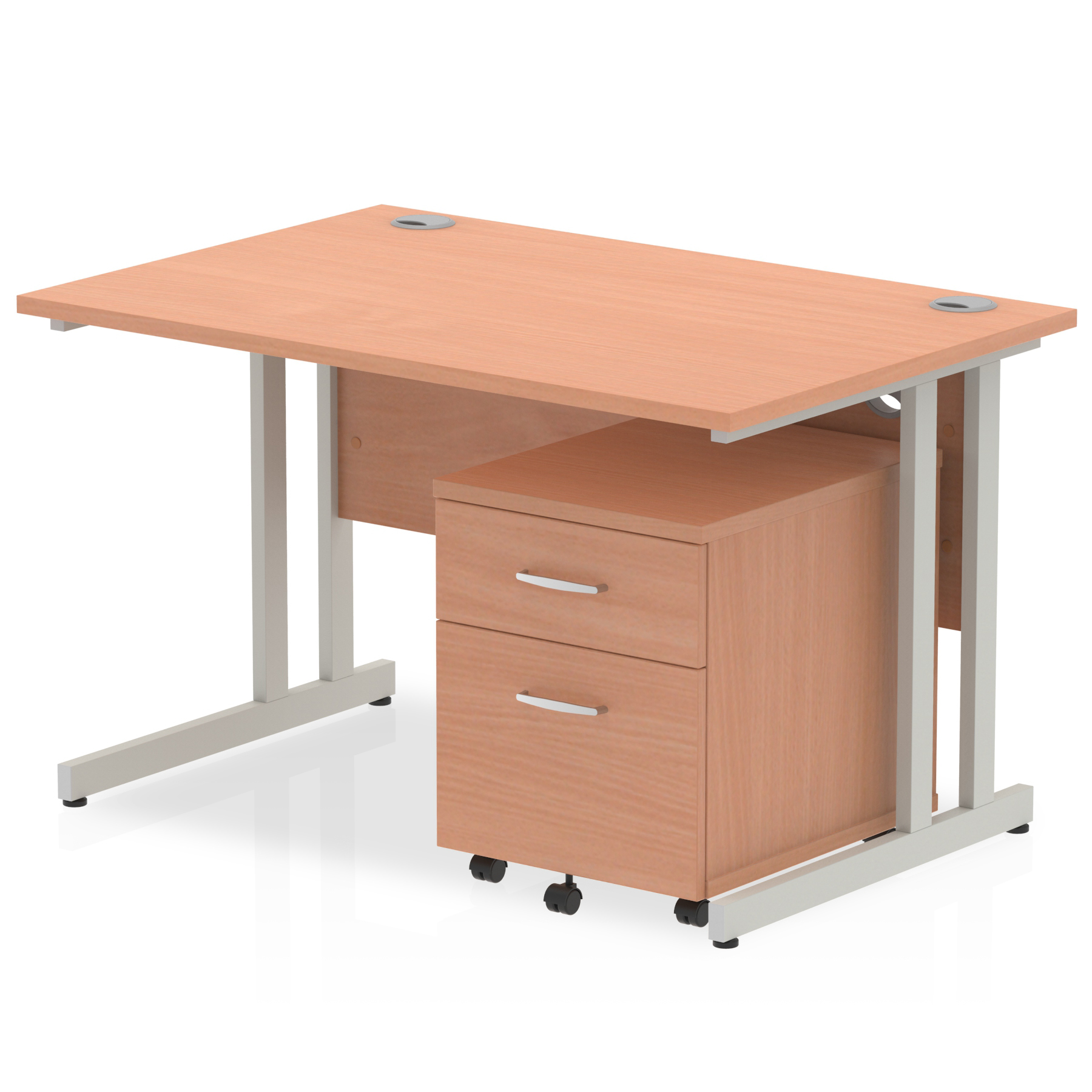 Impulse 1200 x 800mm Straight Desk Beech Top Silver Cantilever Leg with 2 Drawer Mobile Pedestal Bundle