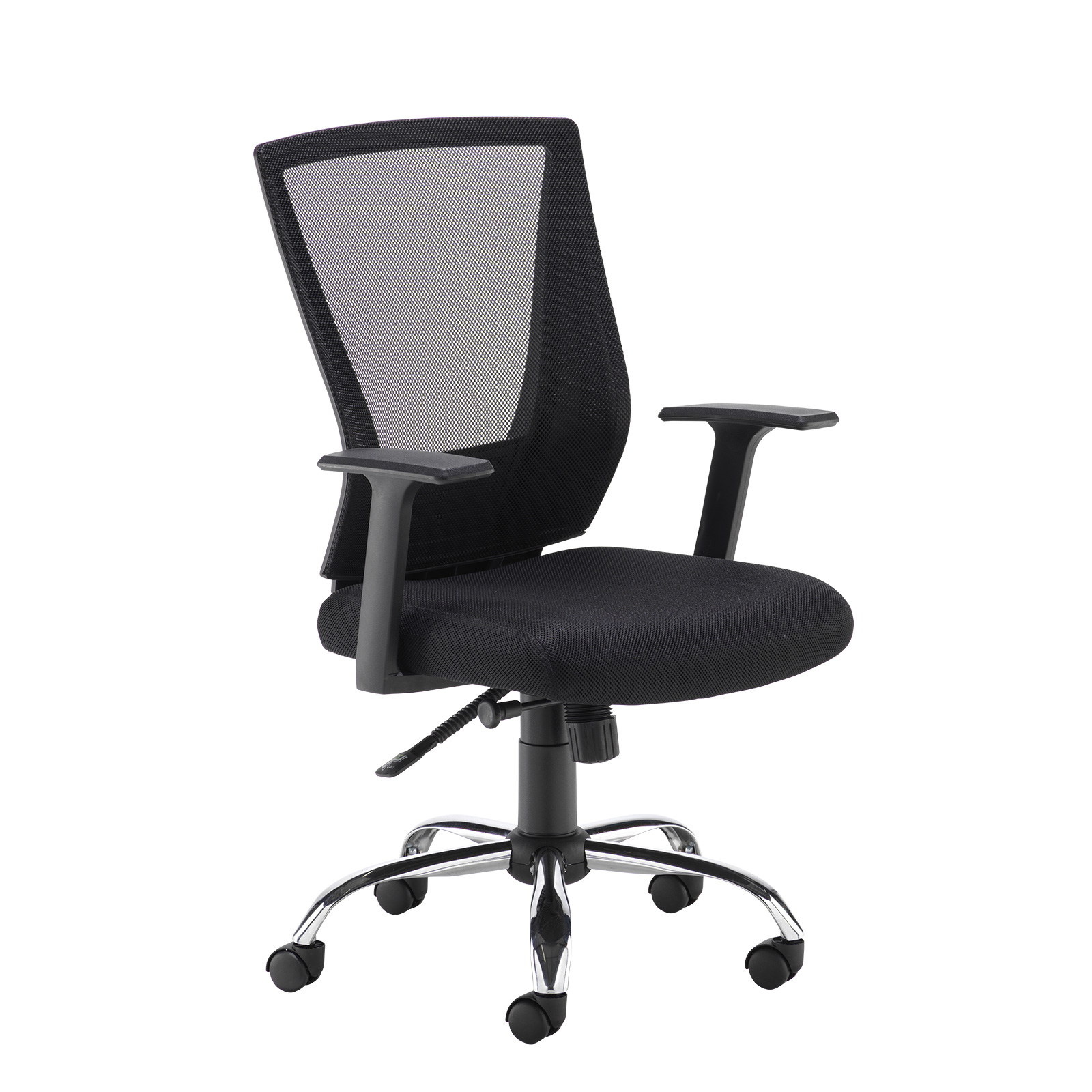 Miller black mesh back operator chair with black fabric seat and chrome base