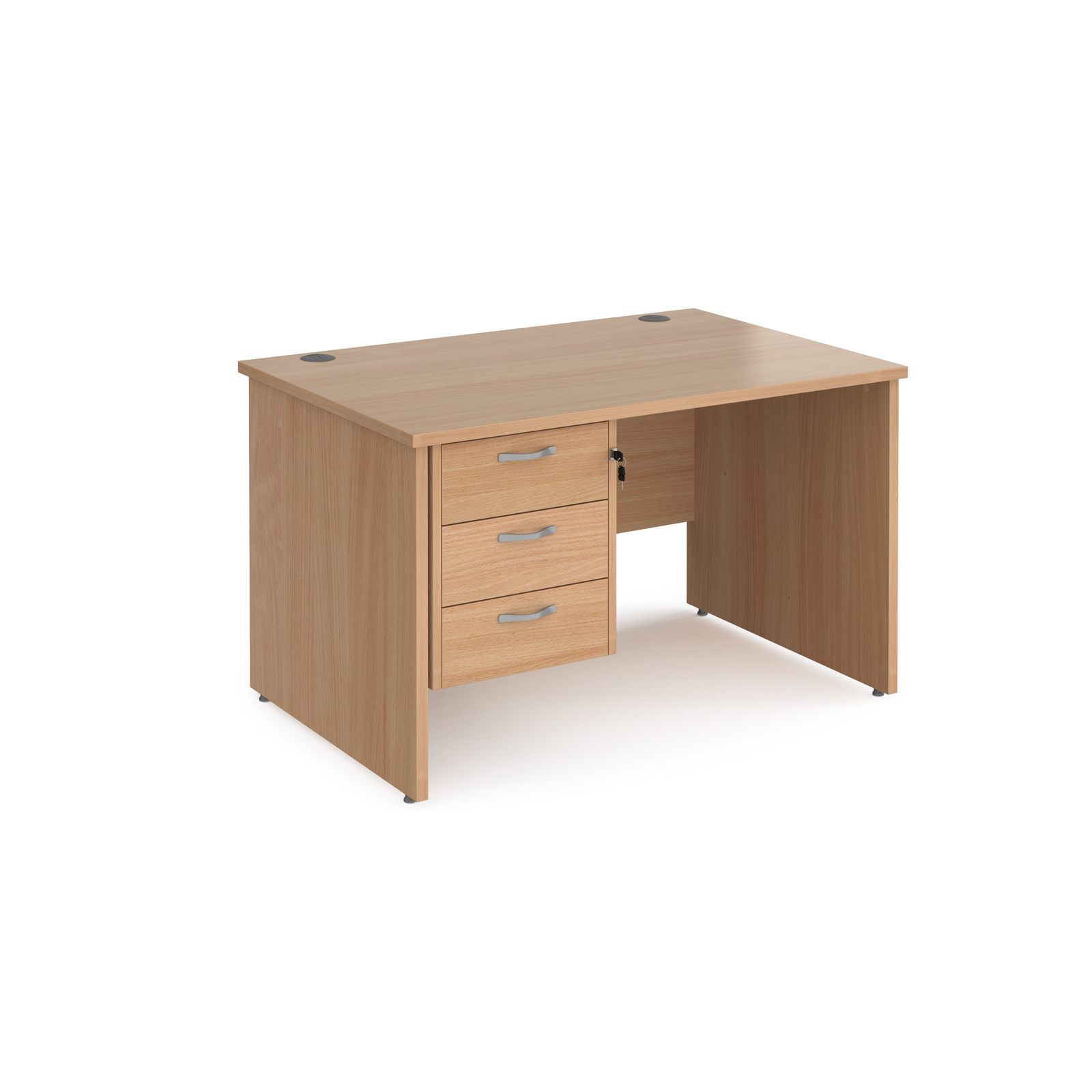 Maestro 25 straight desk 1200mm x 800mm with 3 drawer pedestal - beech top with panel end leg