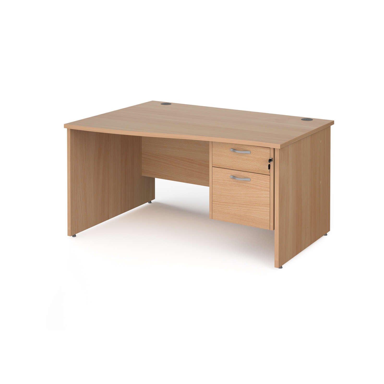 Maestro 25 left hand wave desk 1400mm wide with 2 drawer pedestal - beech top with panel end leg