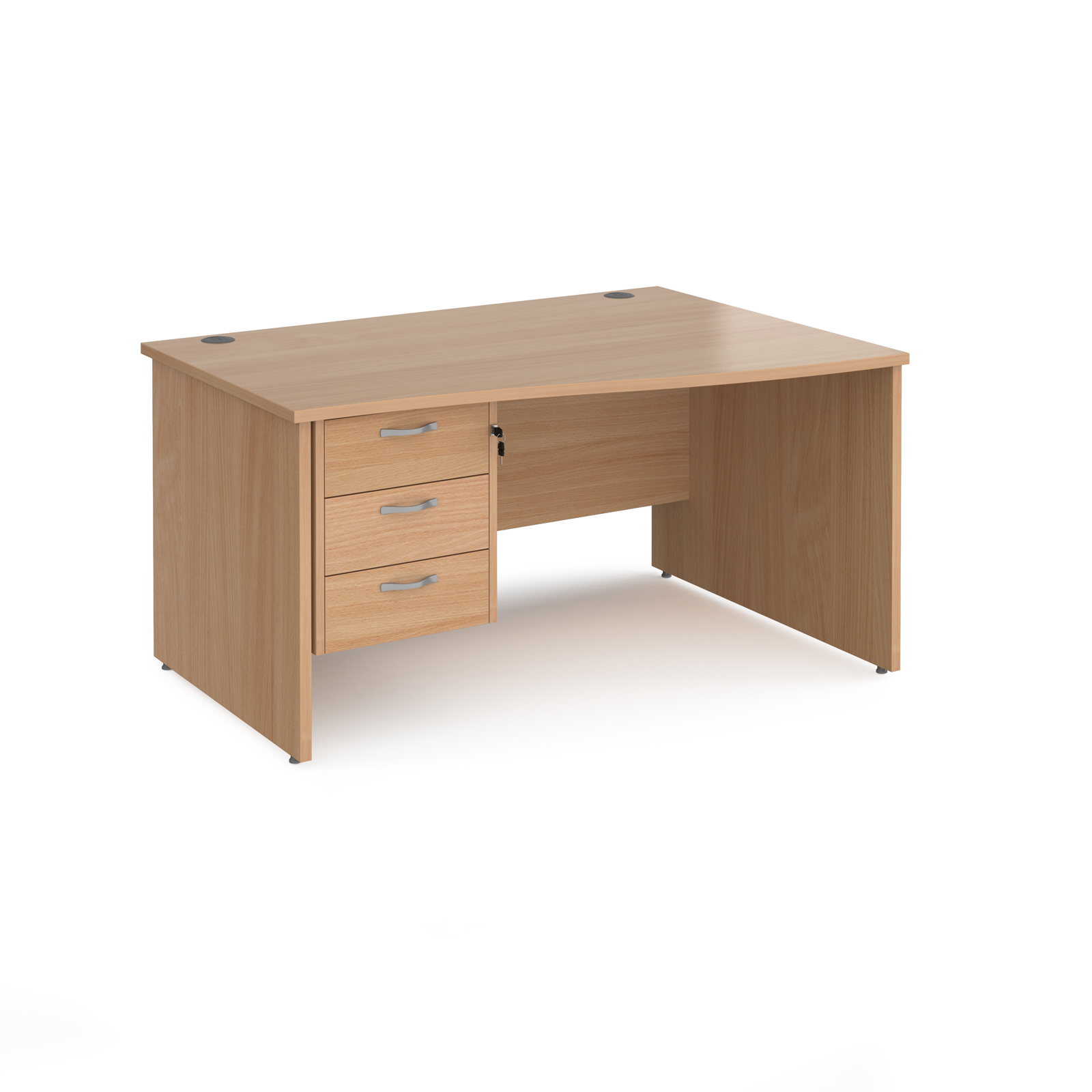 Maestro 25 right hand wave desk 1400mm wide with 3 drawer pedestal - beech top with panel end leg
