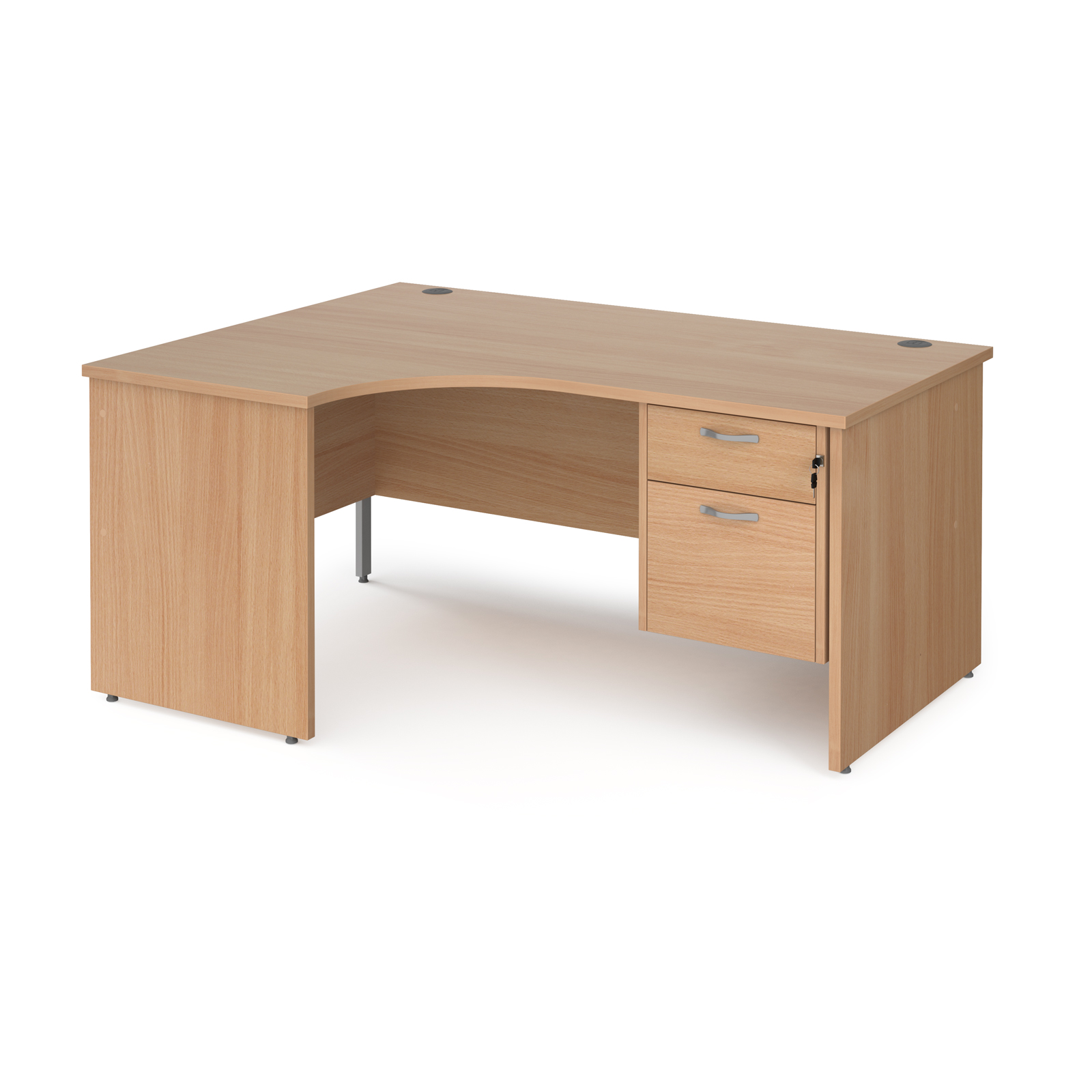 Maestro 25 left hand ergonomic desk 1600mm wide with 2 drawer pedestal - beech top with panel end leg