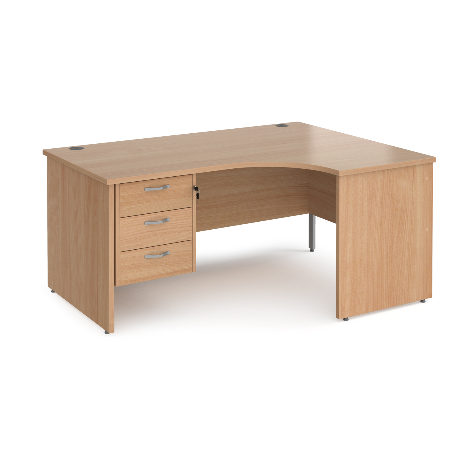Maestro 25 right hand ergonomic desk 1600mm wide with 3 drawer pedestal - beech top with panel end leg