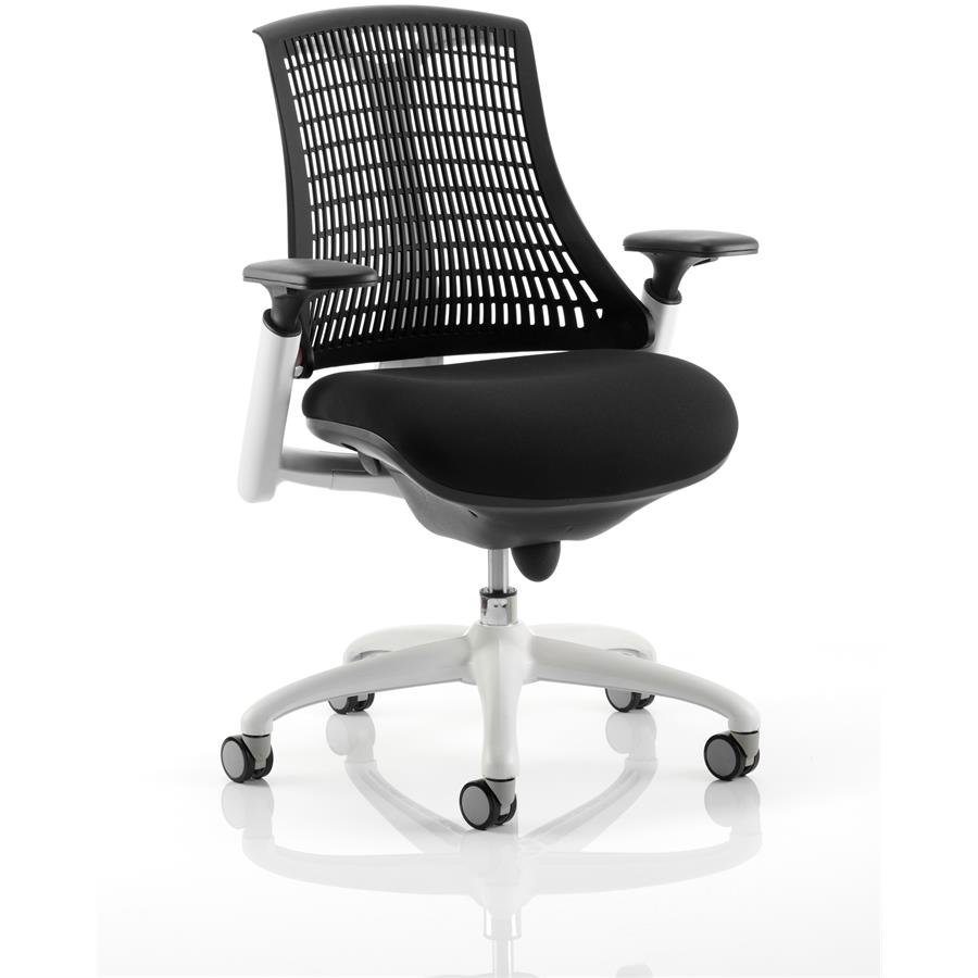 Flex Task Operator Chair White Frame Black Fabric Seat With Black Back With Arms