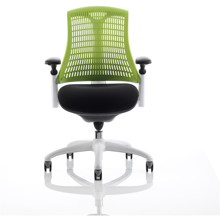 Flex Task Operator Chair White Frame Black Fabric Seat With Green Back With Arms