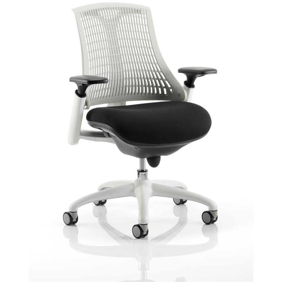 Flex Task Operator Chair White Frame Black Fabric Seat With Moonstone White Back With Arms