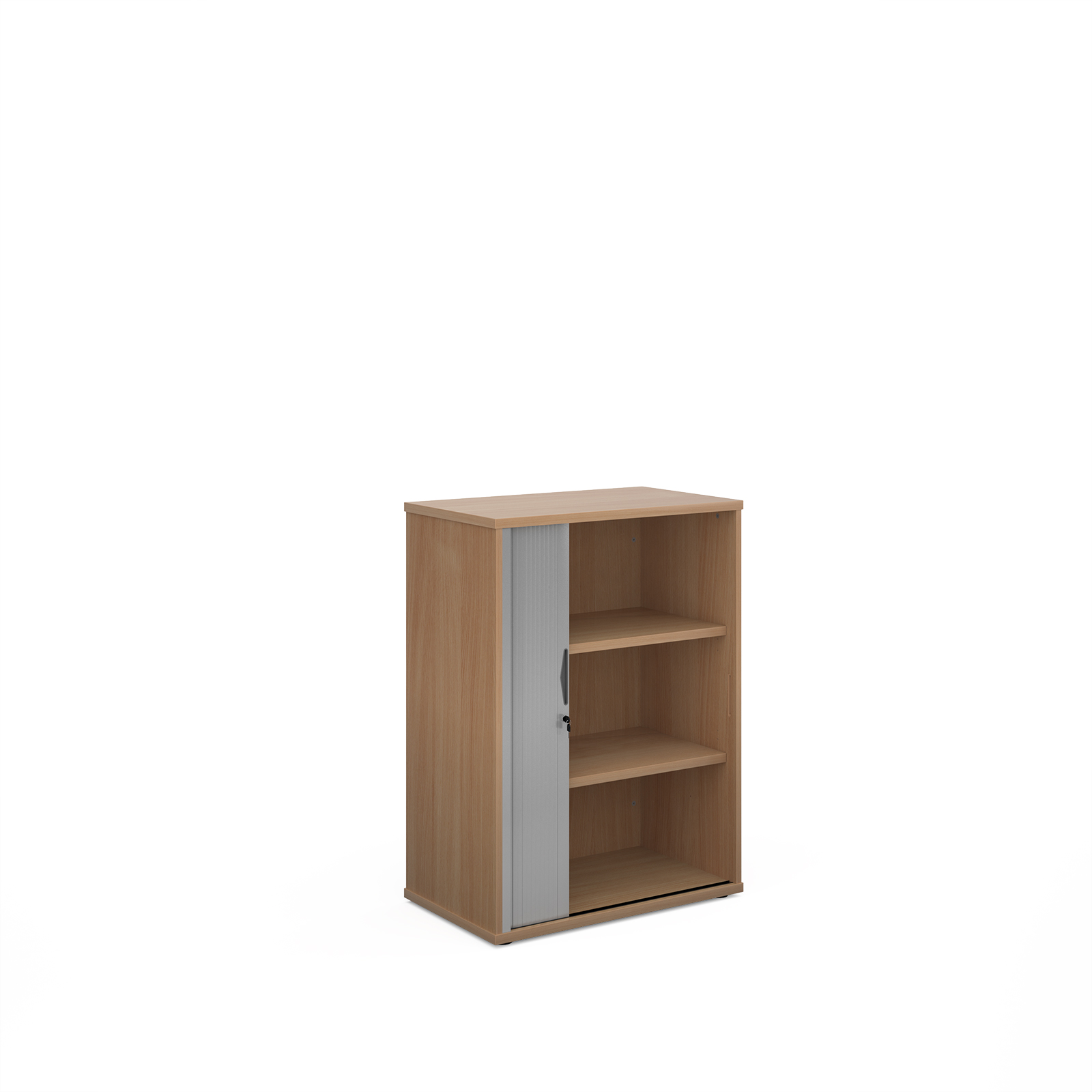 Universal single door tambour cupboard 1090mm high with 2 shelves - beech with silver door