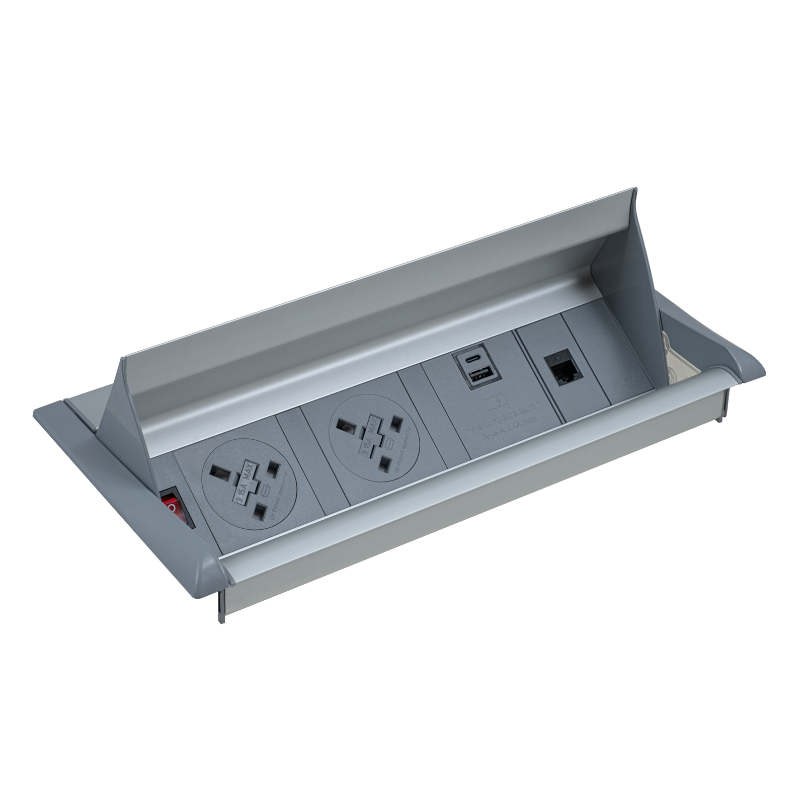 Aero fliptop in-table power module  x UK sockets, 1 x RJ45 socket, 1 x twin USB fast charge - grey/silver