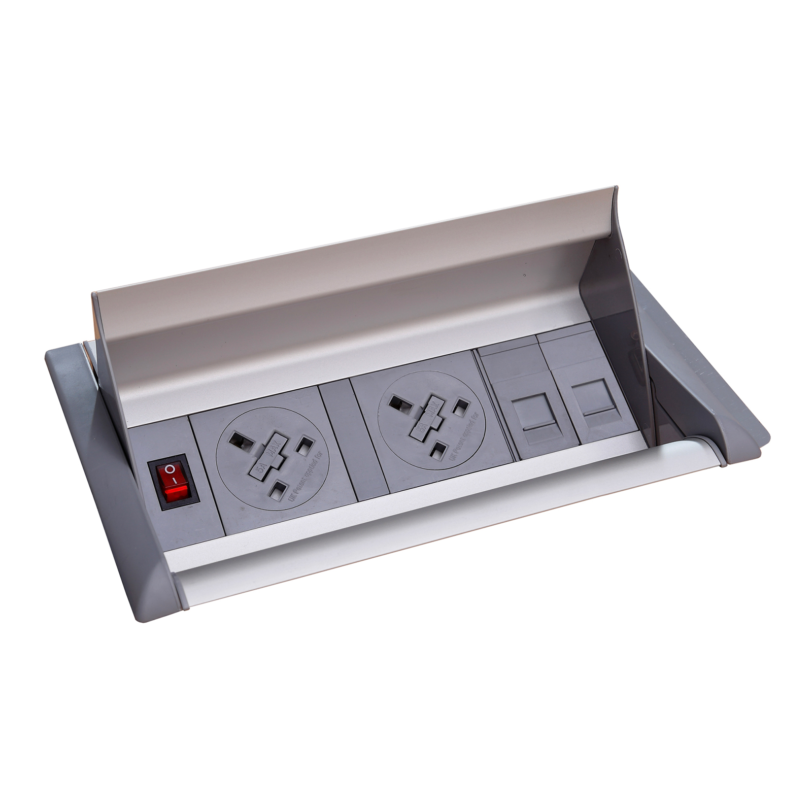 Aero fliptop in-table power module 2 x UK sockets , 2 x RJ45 sockets - grey/silver