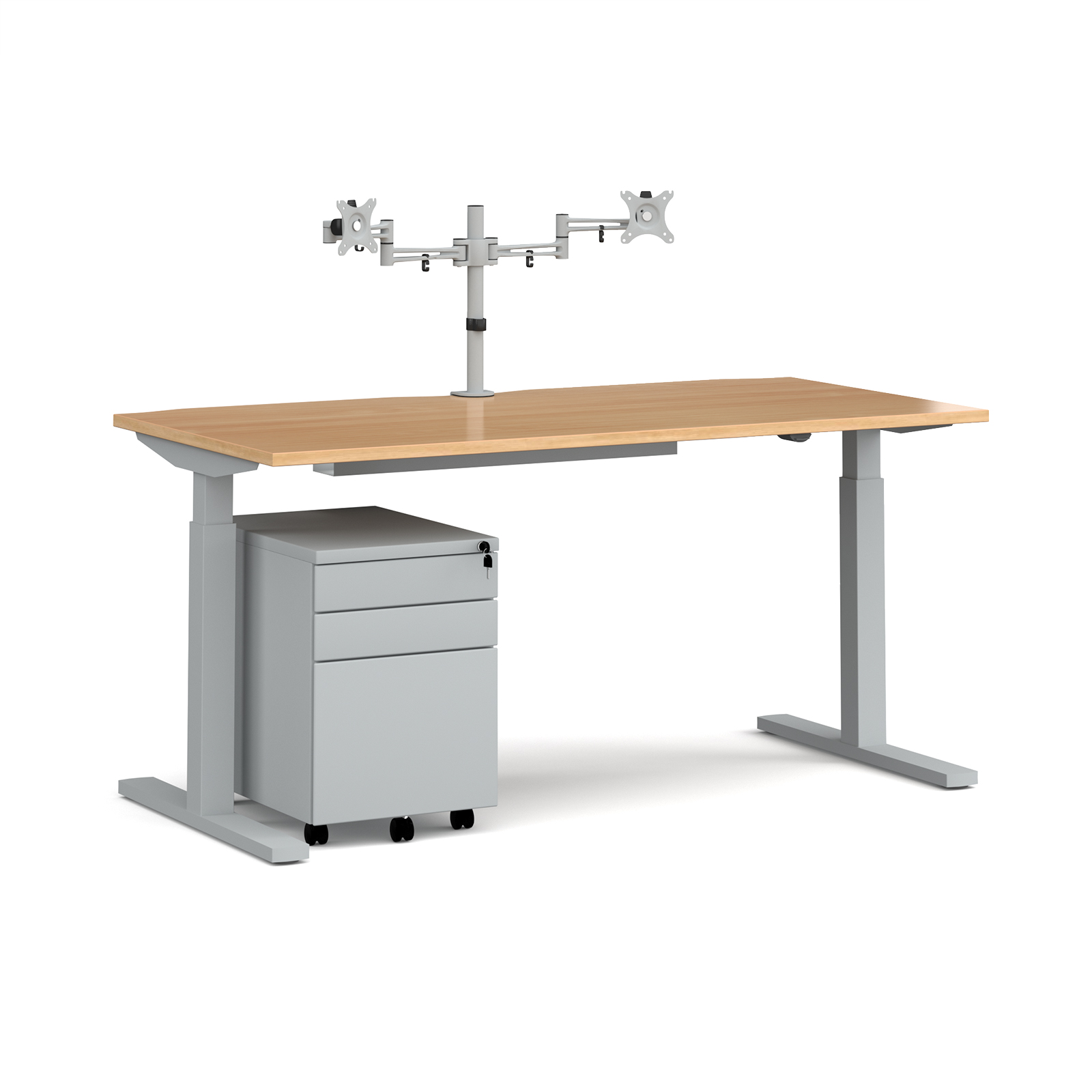 Elev8 Mono straight sit-stand desk 1600mm - silver frame, beech top with matching double monitor arm, steel pedestal and cable tray