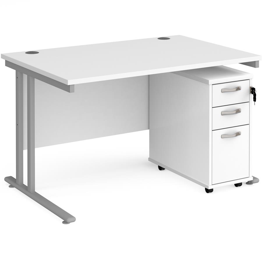Maestro 25 straight desk 1200mm x 800mm with silver cantilever leg frame and tall slimline 3 drawer mobile pedestal - white