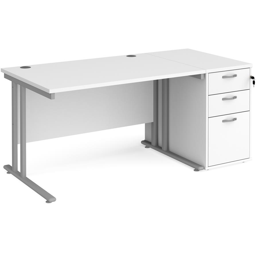 Maestro 25 straight desk 1200mm x 800mm with silver cantilever leg frame and desk end pedestal - white