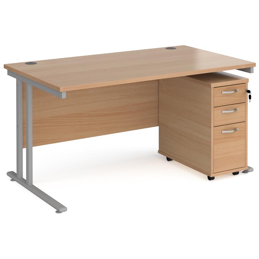 Maestro 25 straight desk 1400mm x 800mm with silver cantilever leg frame and tall slimline 3 drawer mobile pedestal - beech