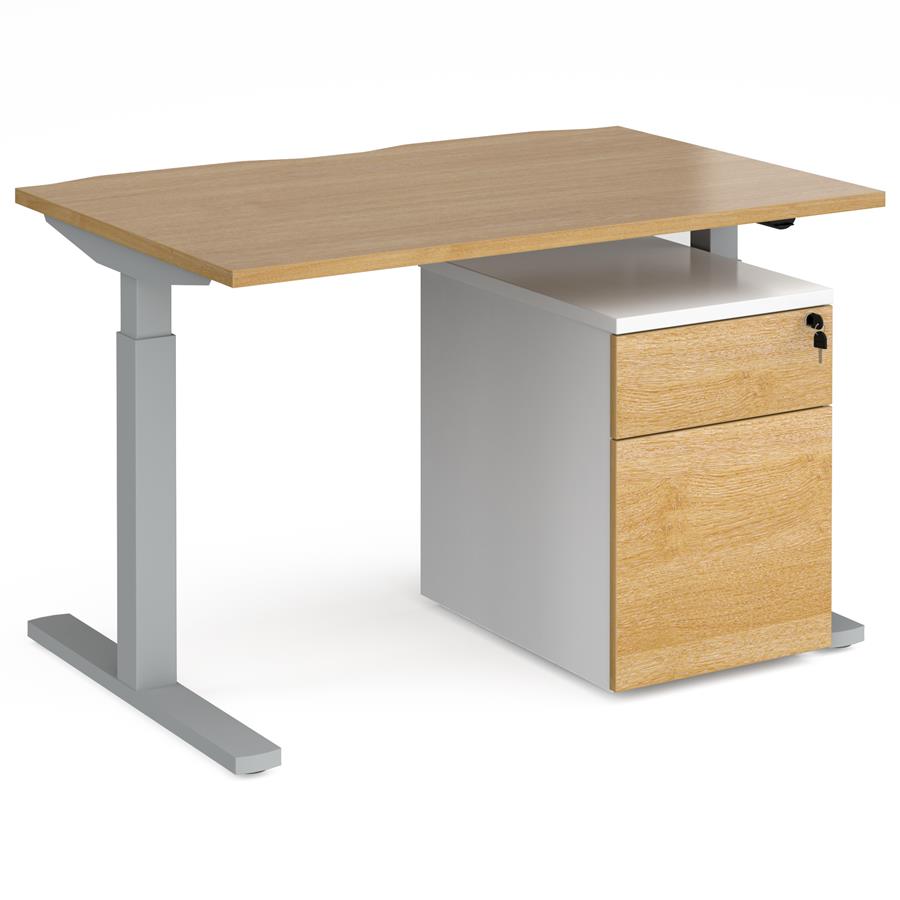 Elev8 Mono straight sit-stand desk 1200mm x 800mm with silver frame and beech top with Duo mobile pedestal - white/beech