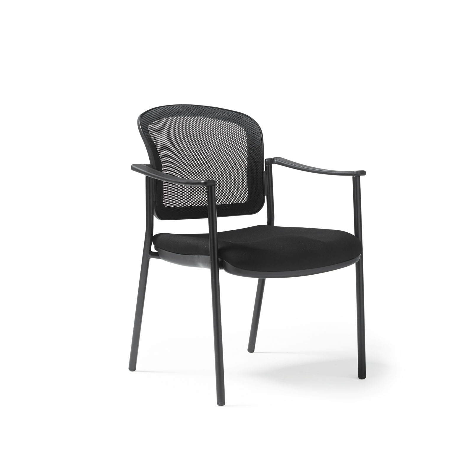 Joni upholstered seat and mesh back, black frame stacking chair, arms