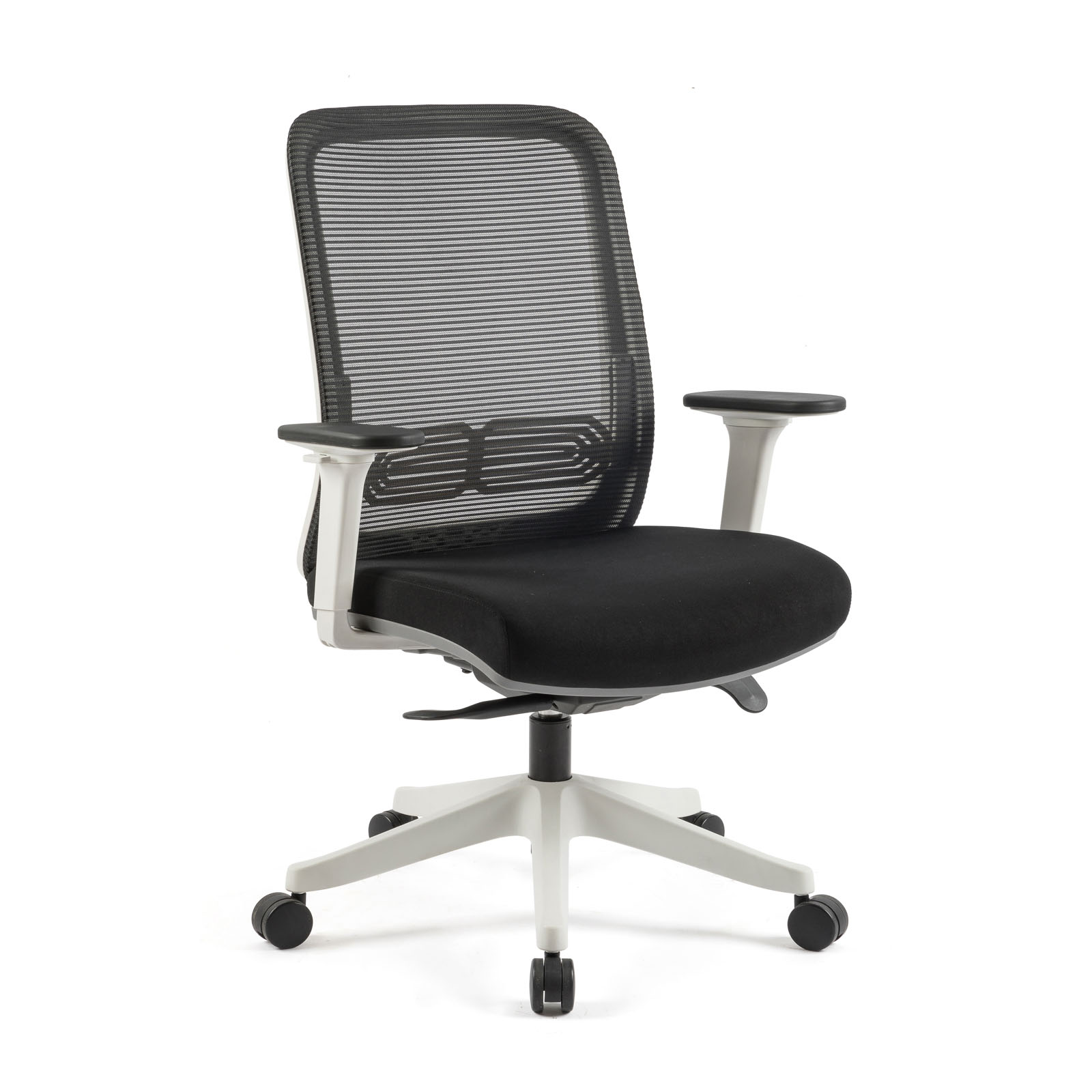 Lotus mesh back operator chair with adjustable arms, white frame & fabric seat