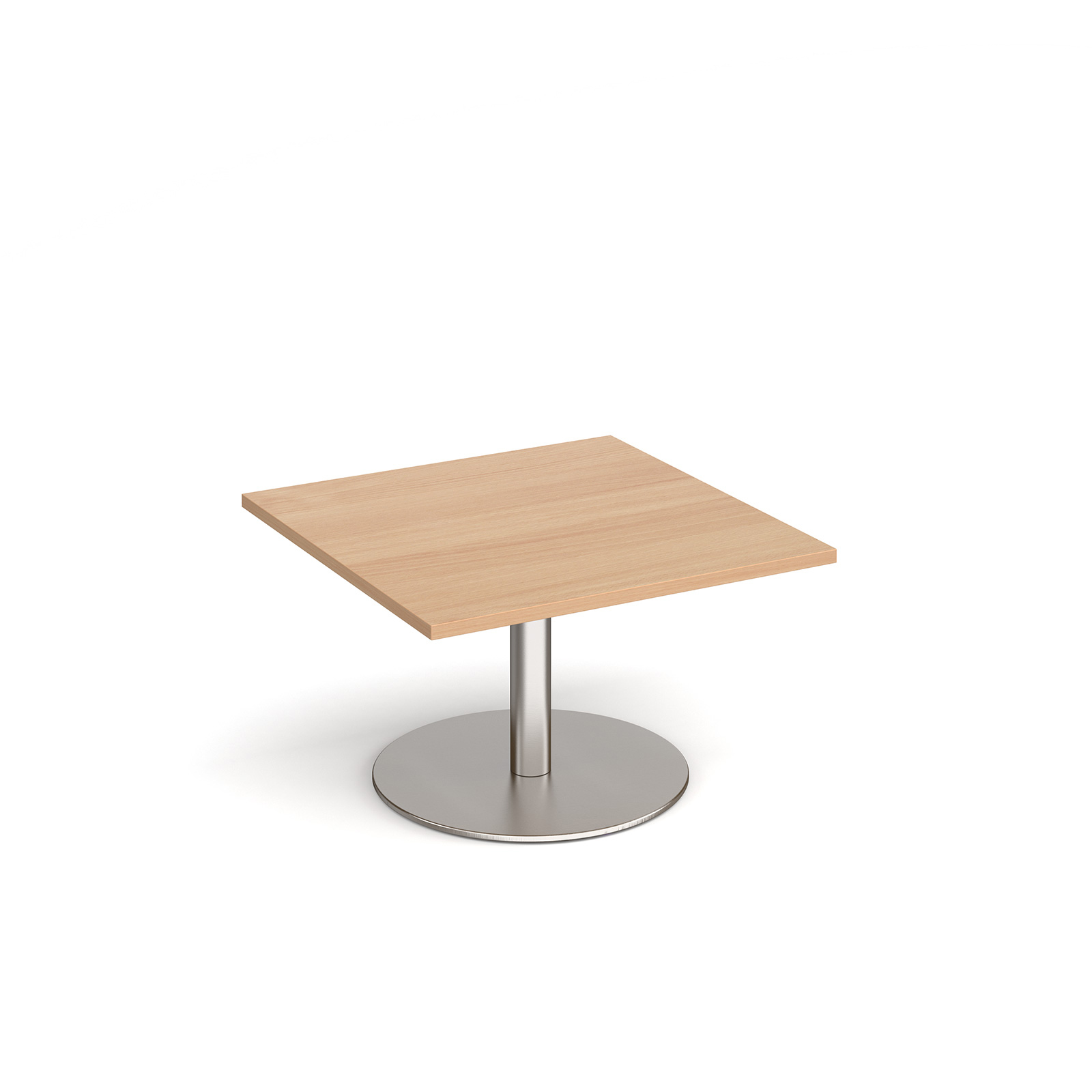 Monza square coffee table with flat round brushed steel base 800mm - beech