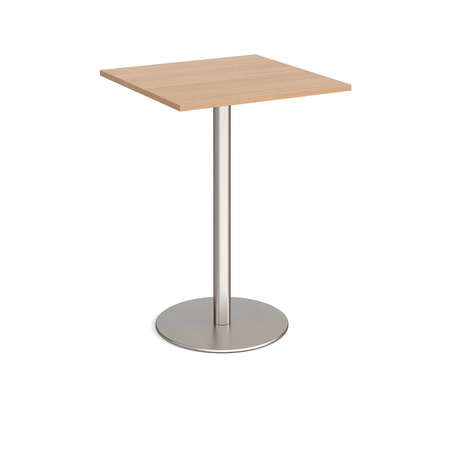 Monza square poseur table with flat round brushed steel base 800mm - beech