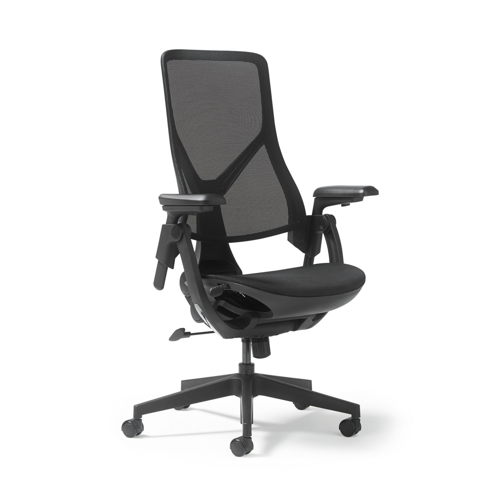 Pivot high back task chair with black mesh seat and back, adjustable arms